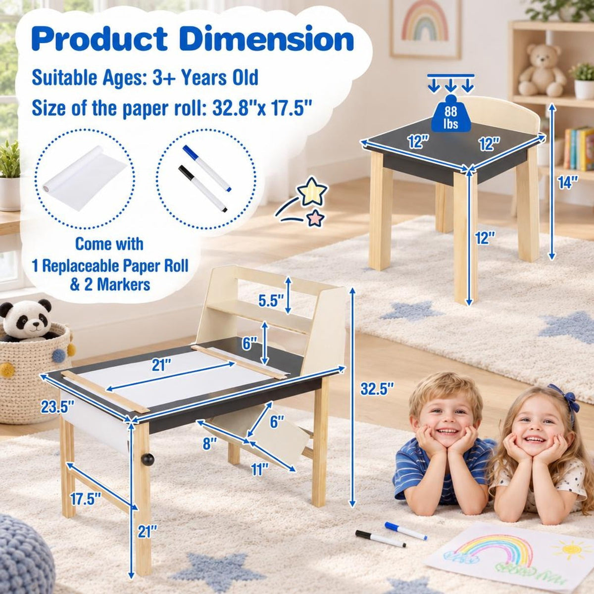 AIRFIND Kids Art Table and Two Chairs with Paper Roll, Raised Storage Shelf and Bins, Pine Wood Legs for Ages 3 and Up, Coffee and Natural