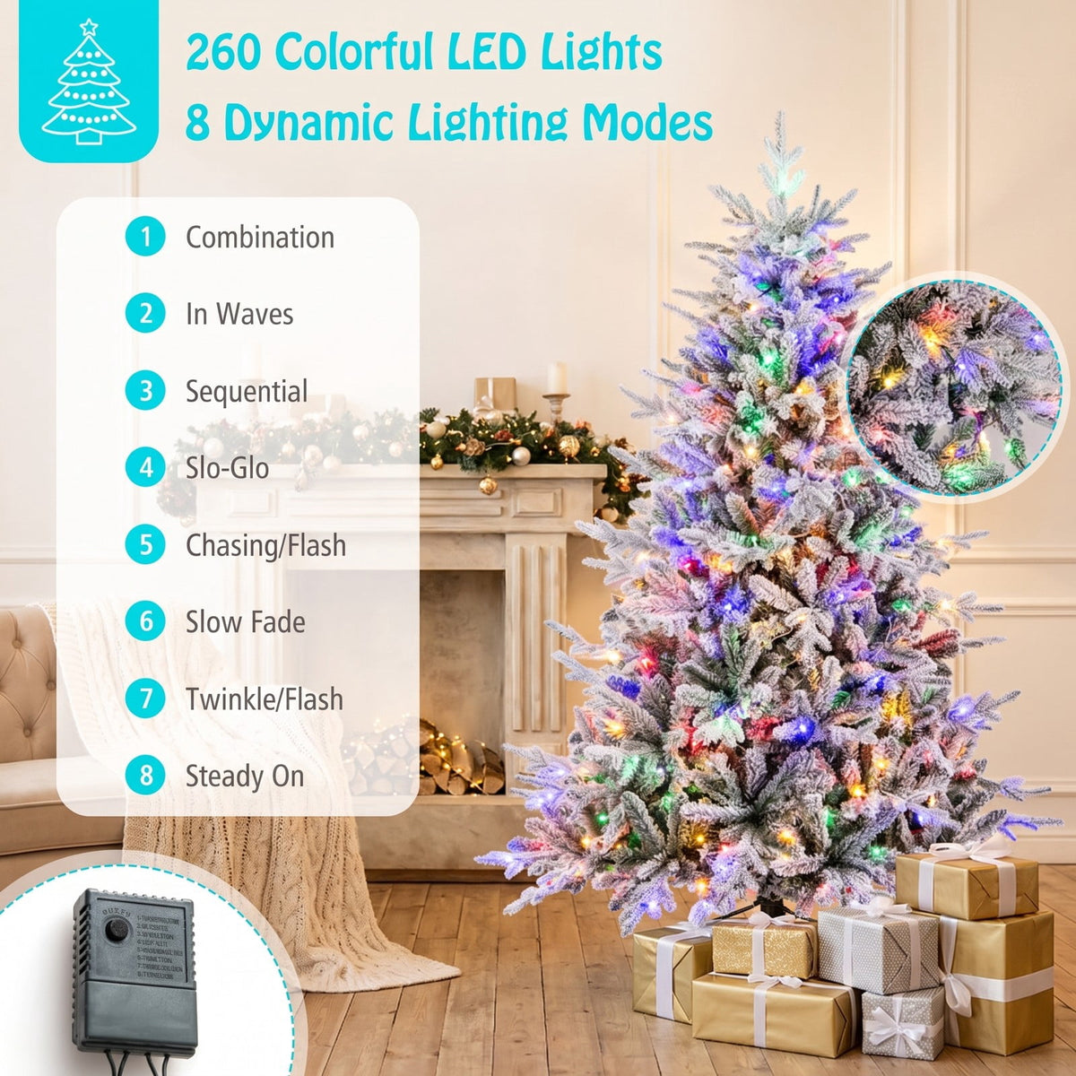Airfind 6 Feet Flocked Christmas Tree with 8 Lighting Modes and Multi-Color LED Lights-6 ft, Green and White