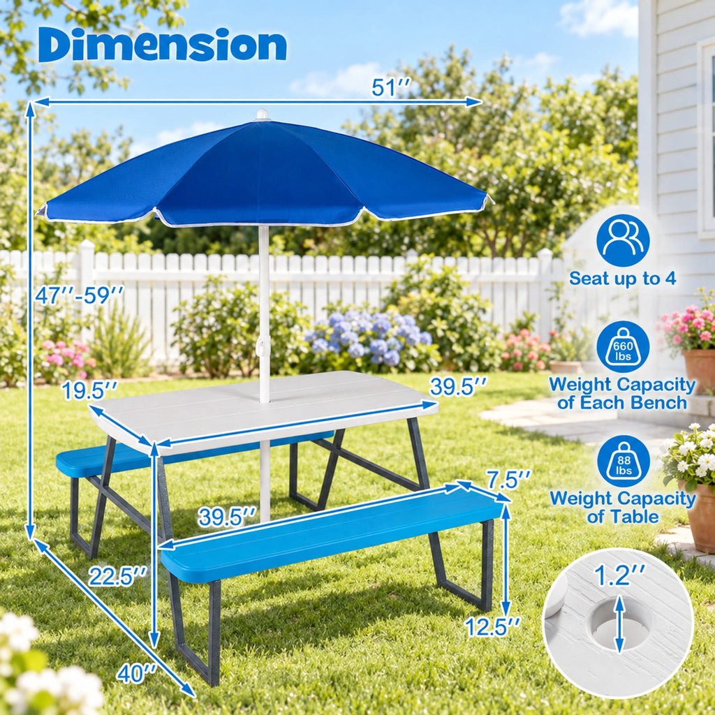 Airfind Kids Picnic Table with Benches Seats up to 4, 660 lbs Capacity, Metal Frame, for 3+ years old, 40 x 39.5 x 59 Tabletop Footprint, Blue