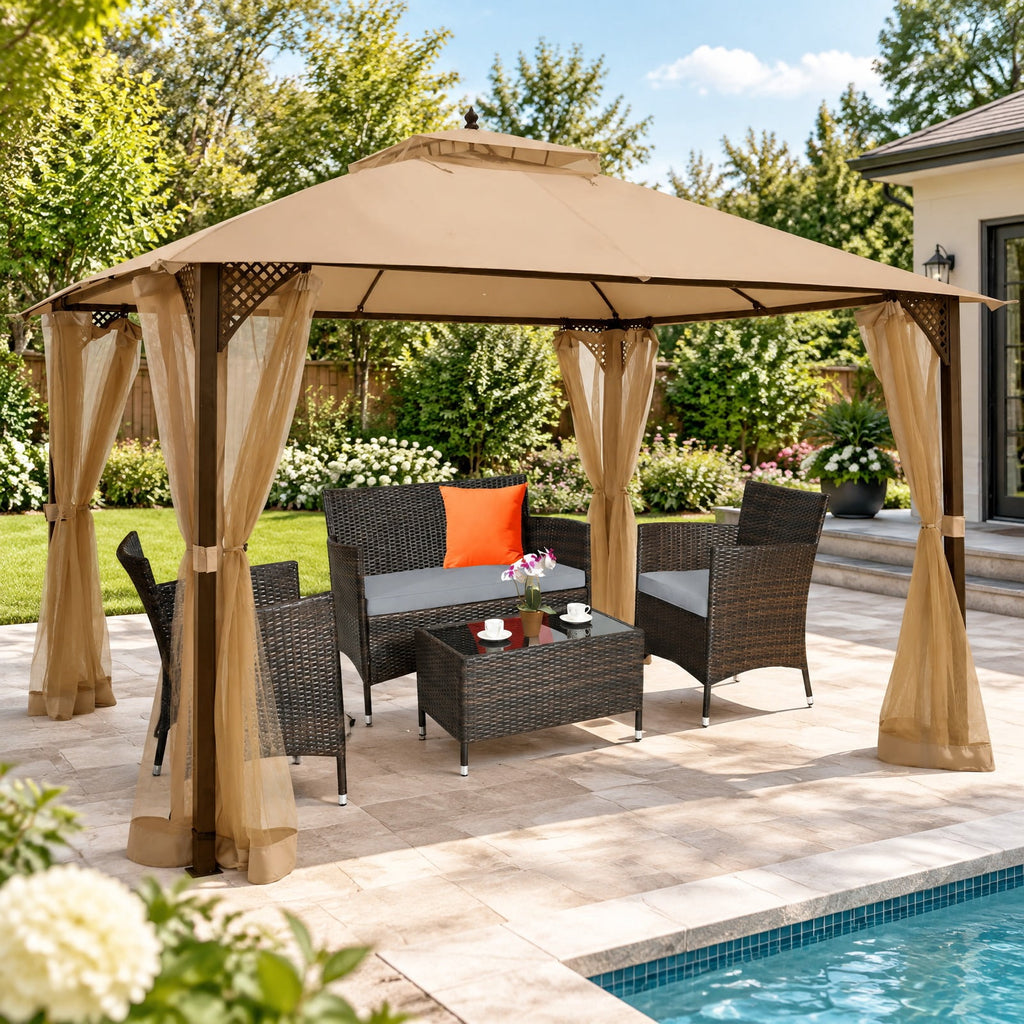 Airfind 12 x 10 Feet Outdoor Double Top Patio Gazebo with Netting, Polyester steel Frame, 12 x 10 x 9.5 Footprint, Brown