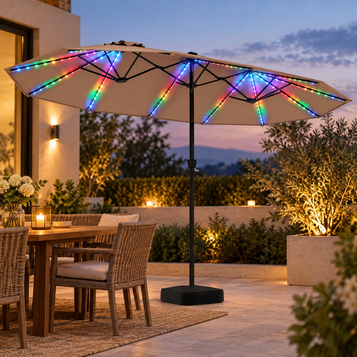 Airfind 15.5FT Extra-Large Patio Umbrella with Base 12 Reinforced Ribs, 180G Polyester Fabric Metal External Frame, Brown