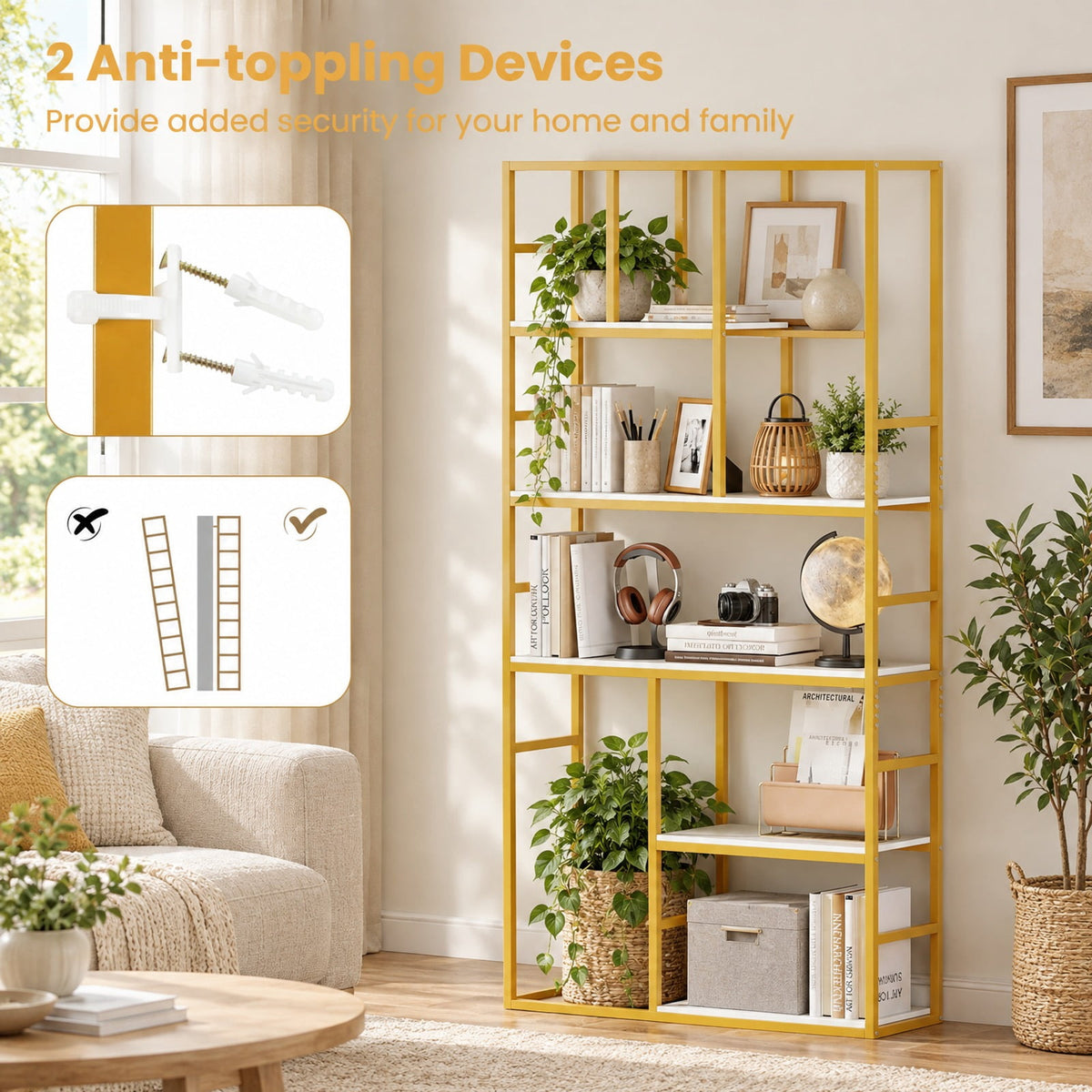 Airfind 71 Inch Tall Bookshelf Metal Frame 5-Tier Geometric Bookcase-White and Golden, 44 lbs Capacity, Metal Engineered Wood Frame, White