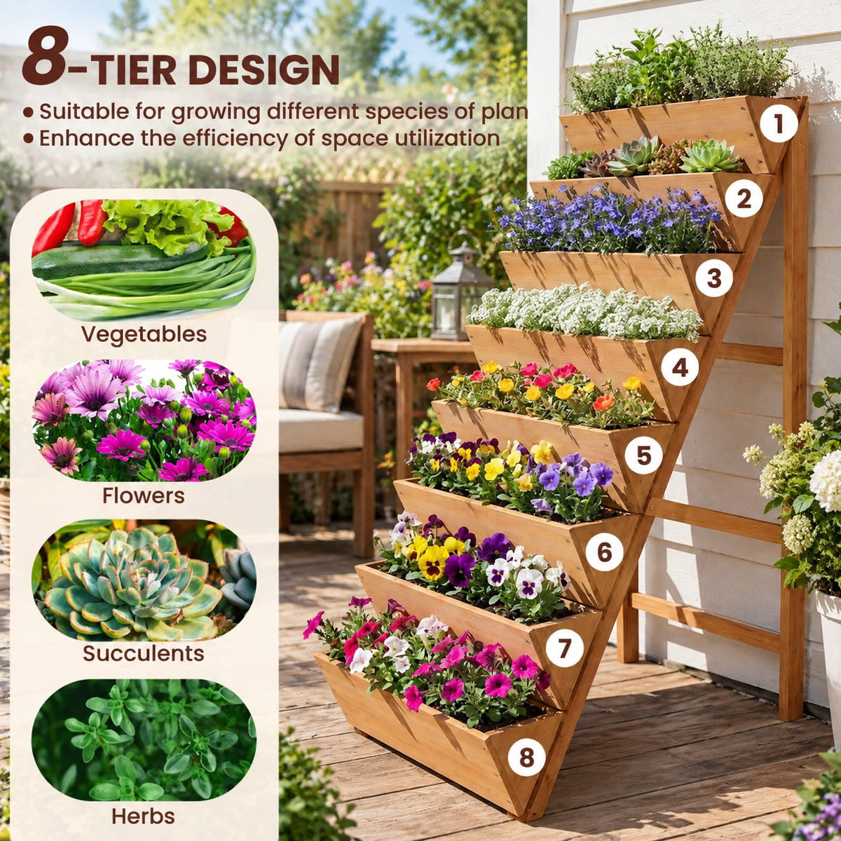 Airfind 8-tier Vertical Raised Garden Bed Wood Elevated Planter Box with Legs, Fir Wood Frame, 40 x 24 x 59 Single Box Interior Footprint, Orange