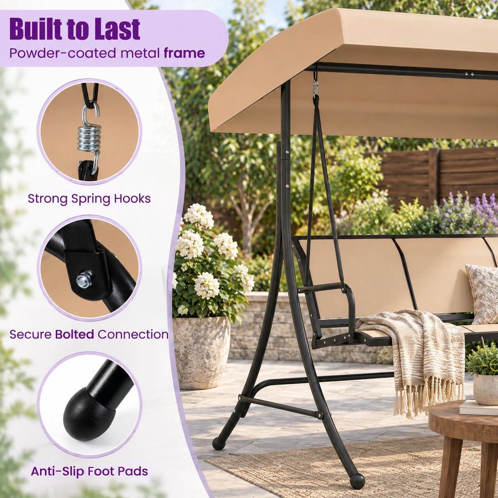 Airfind 3-Seat Patio Swing Chair with Adjustable Canopy, 800 lbs Capacity, Metal Frame, 75 Inch x 48 Inch x 67 Inch Footprint, Beige