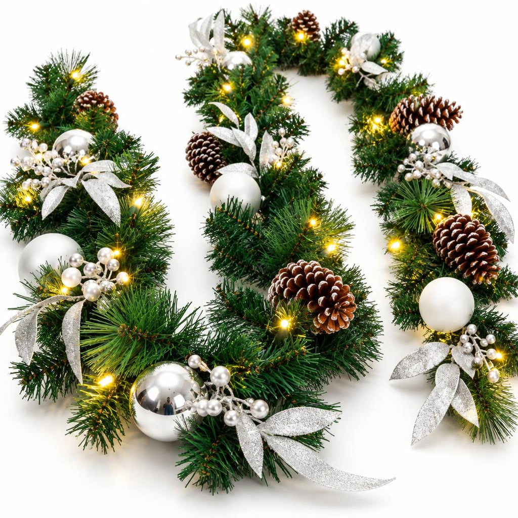 Airfind 9 Feet Pre-Lit Artificial Christmas Garland with LED Lights, New PVC pine needle Frame, Green