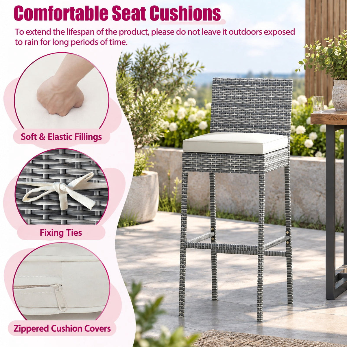 Airfind Set of 2/4 Patio Wicker Barstools with Soft Seat Cushion and Cozy Footrest-Set of 4, Fixing ties keep the cushions in place