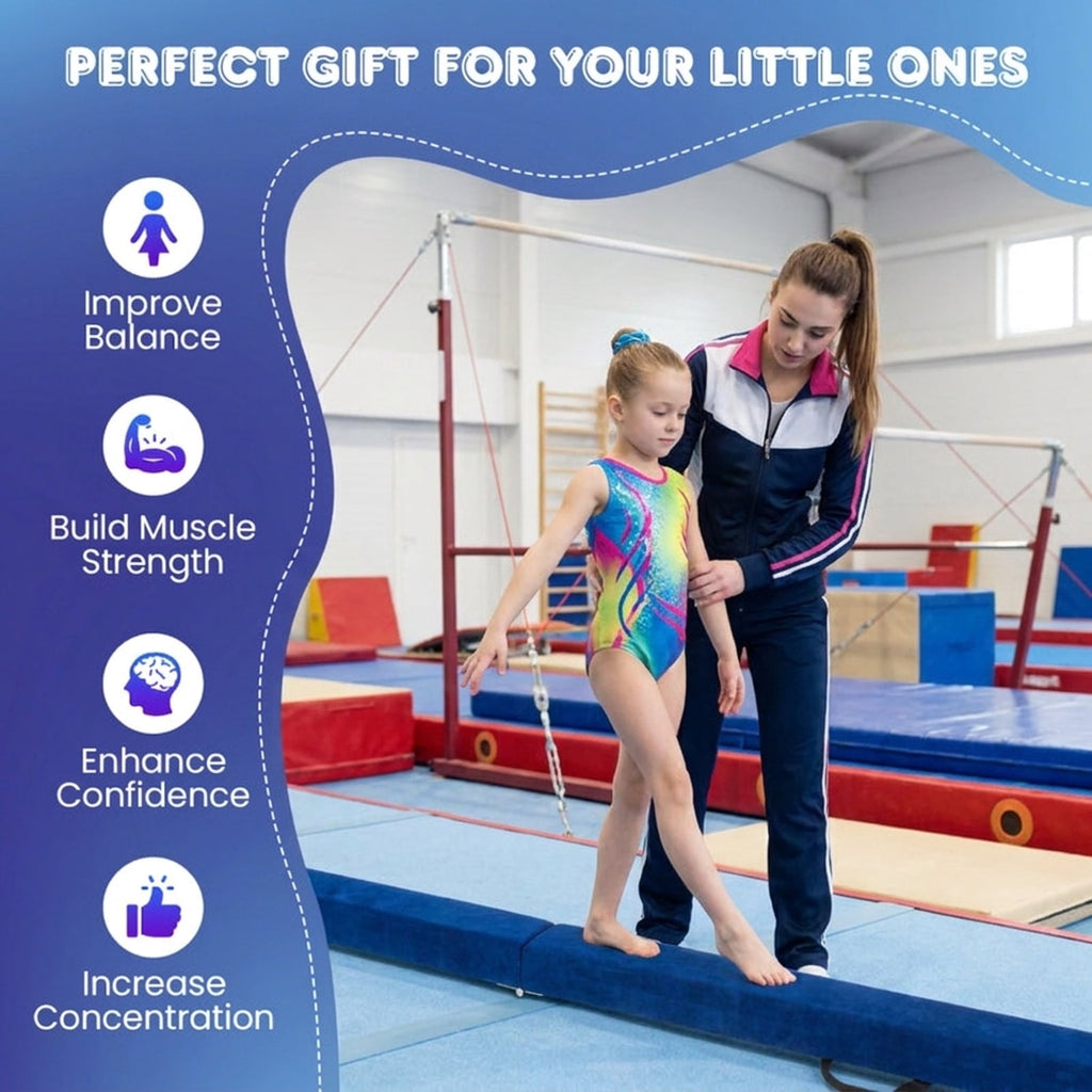 Airfind 9 ft Folding Gymnastics Balance Beam with Suede Cover, Pine Wood Core and Non-Slip Mat, Blue