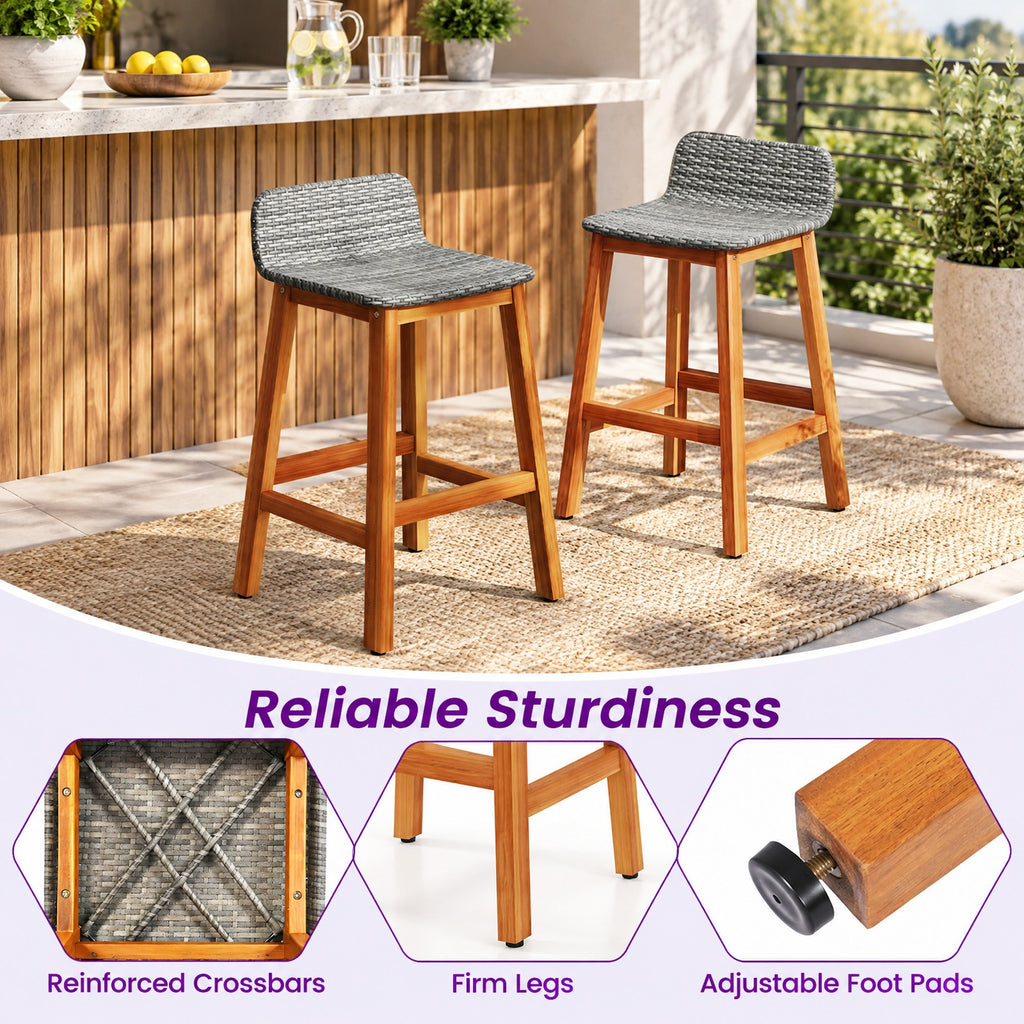 Airfind Solid Acacia Wood Bar Stools Set of 2 with Backrests and Footrests for Porch, Acacia Wood PE Rattan Frame, Gray