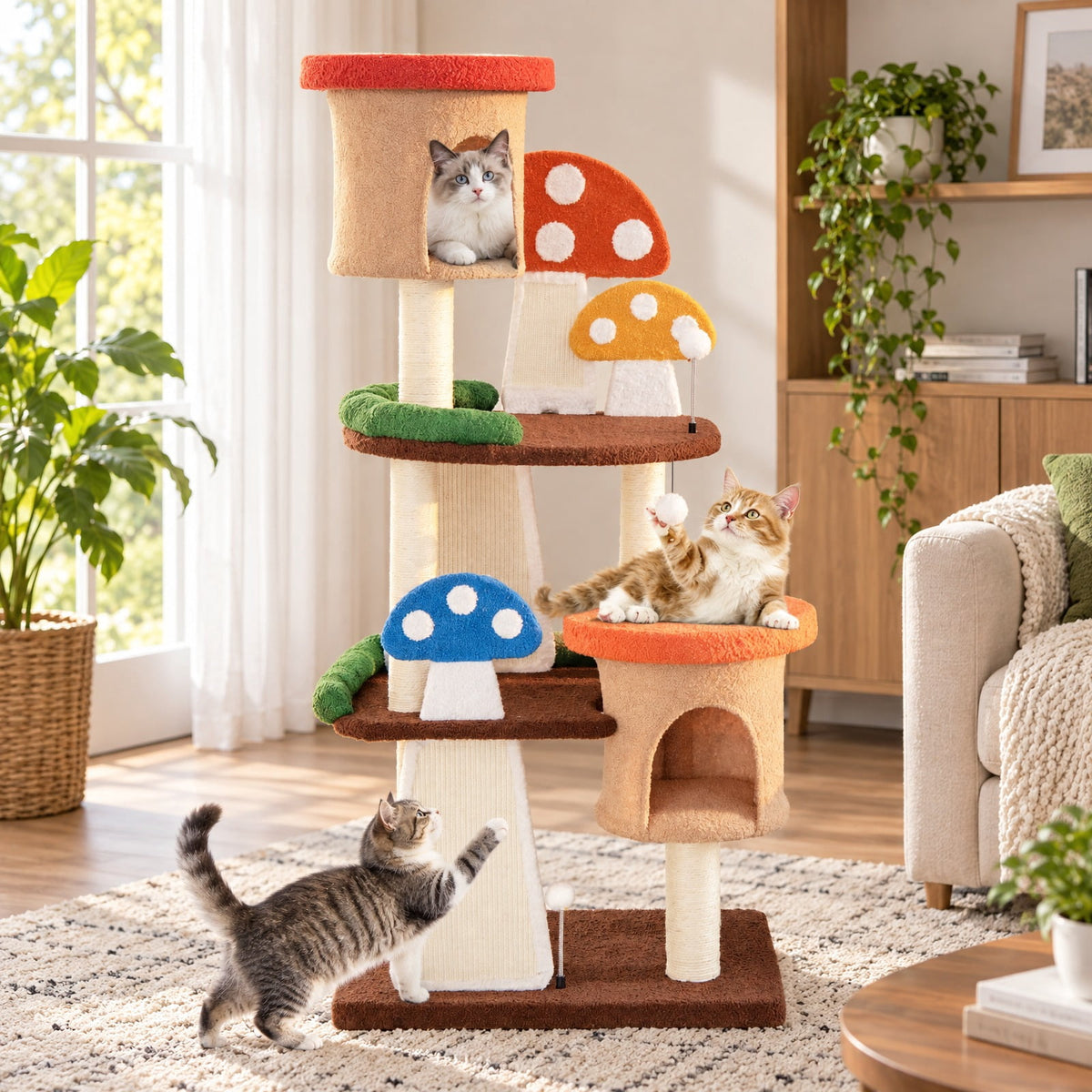 Airfind 4-In-1 Cat Tree with 2 Condos and Platforms for Indoors, 22 lbs Capacity, Natural Sisal Teddy Fabric Engineered Wood Frame, Multicolor