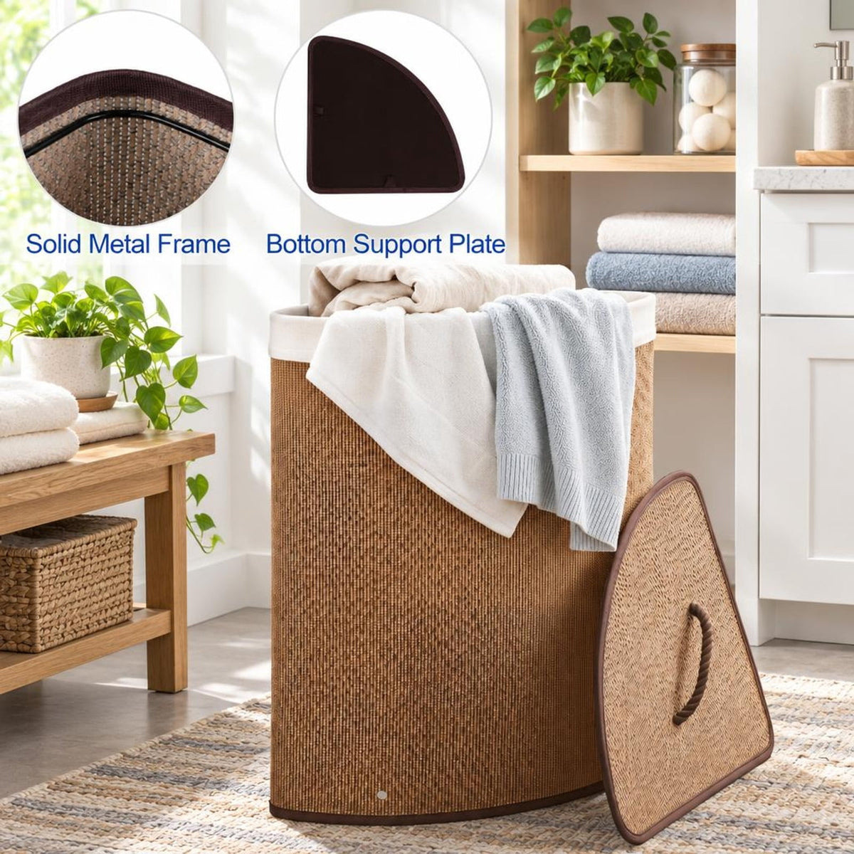 Airfind 15 Gal Capacity Bamboo Laundry Hamper with Removable Liner, 22 lbs Capacity, Bamboo Polyester Cotton Metal Engineered Wood Frame, Brown