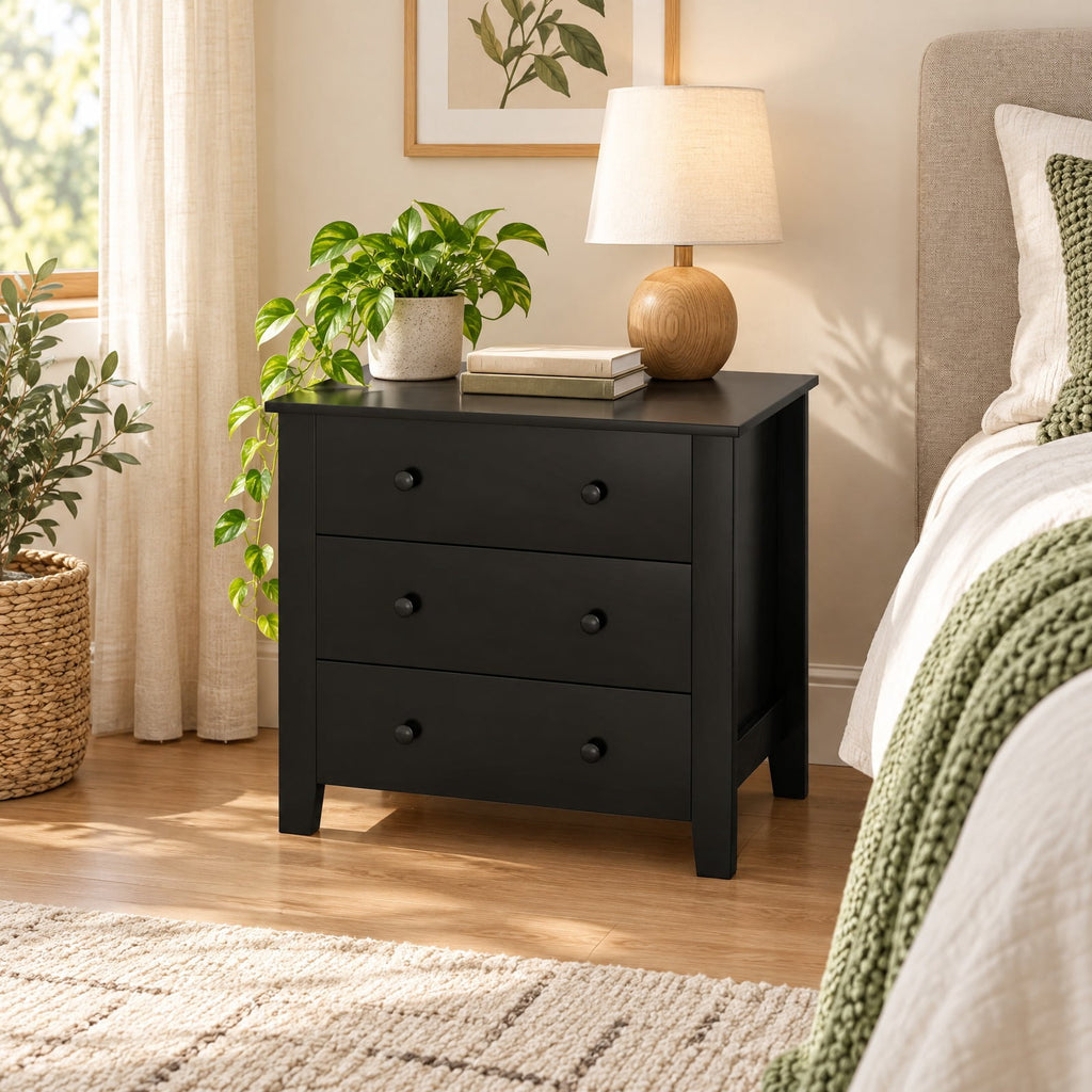 Airfind 3 Drawer Dresser Chest of Drawers Bedside Table-Black Wood Grain, MDF Frame, 28in x 18in x 26in Footprint, Dark Brown