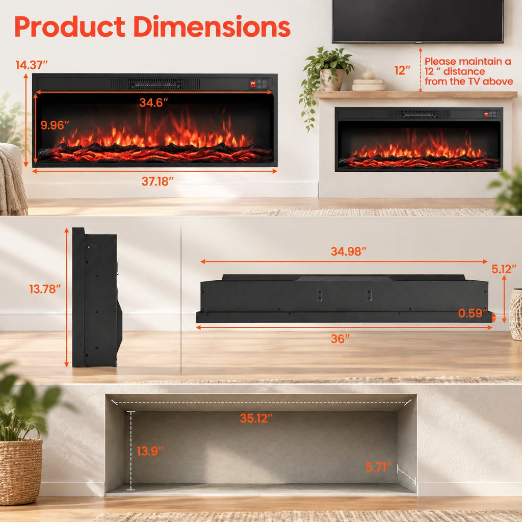 Airfind 36 Inch Recessed Electric Fireplace Heater with Adjustable Flame Colors and Brightness, Metal Tempered Glass 36 inch Frame, Black