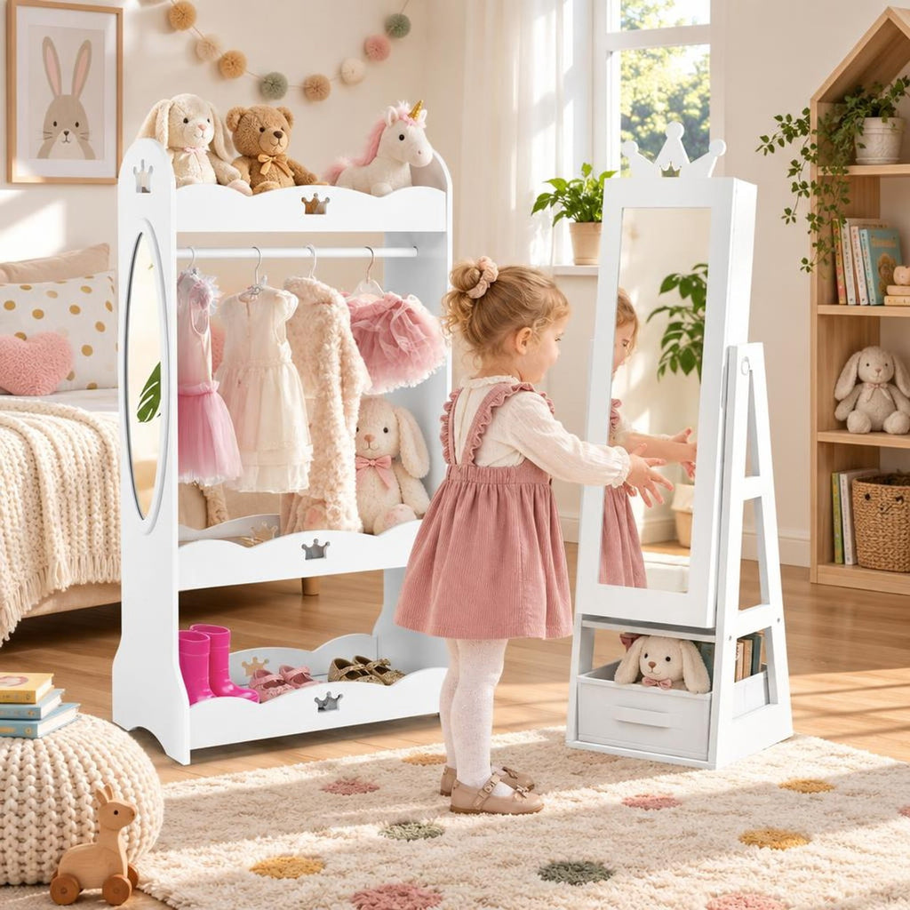 Airfind Free-Standing Full Length Kids Jewelry Armoire Cabinet with Storage Capacity, MDF Frame, 12.5 Inch x 12 Inch x 45.5 Inch Footprint, White