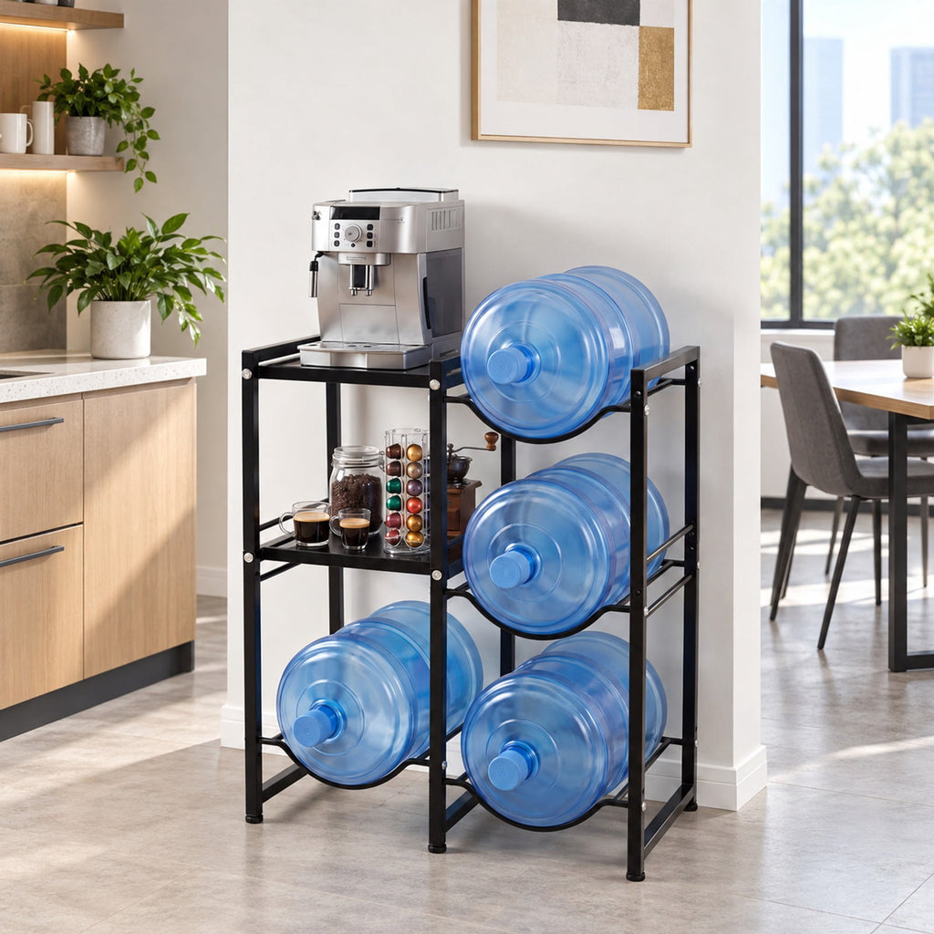 Airfind 3-Tier 5 Gallon Water Jug Holder with Shelves, 45 lbs Capacity, Carbon Steel Frame, Black, 4 bottle slots for 5-gallon water bottles