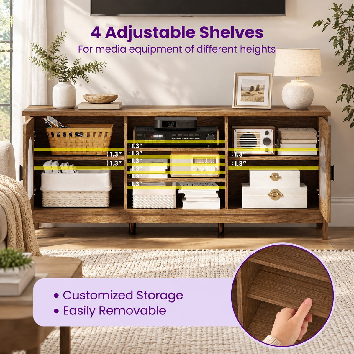 Airfind Modern Vintage TV Cabinet, with Adjustable Shelves and 2 Cable Holes for TVs up to 65 Inches, 176 lbs Capacity, Engineered Wood Frame, Walnut