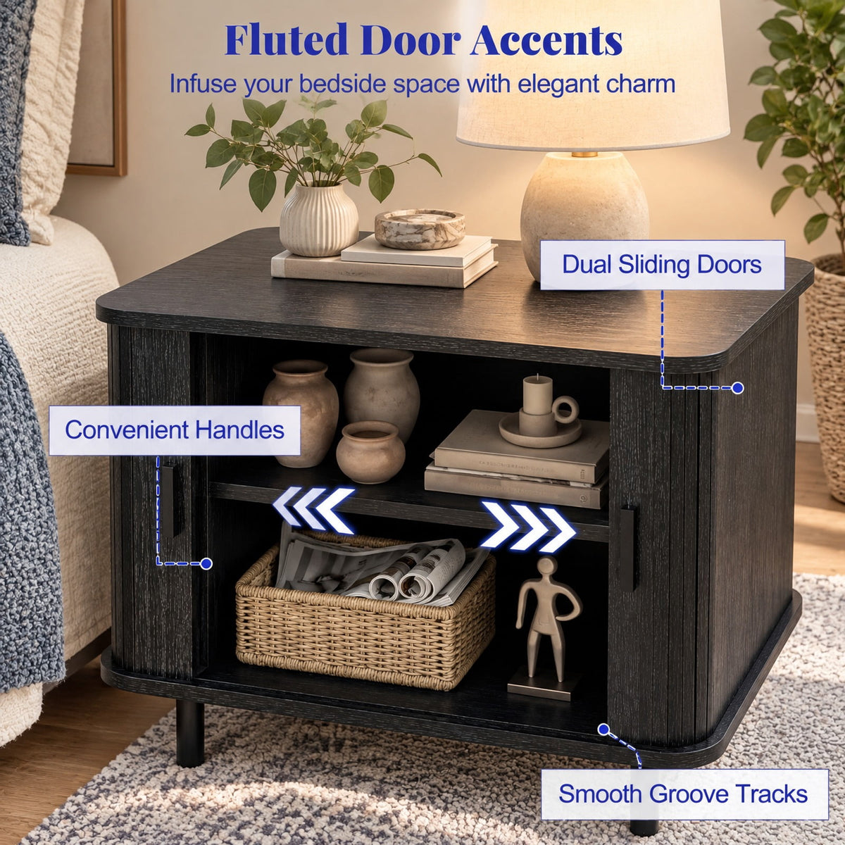 Airfind End Table Modern Mid Century Nightstand with Sliding Tambour Doors and Storage Shelf, 88 lbs Capacity, Engineered Wood MDF Metal Frame