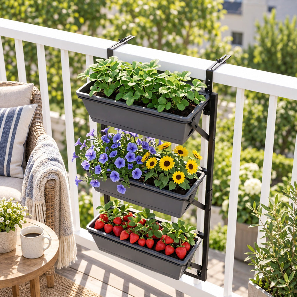 Airfind Deck Railing Planter Boxes with Adjustable Brackets and 3-Tier Design for Porch Patio, Black, Side holes make it easy to add and drain water