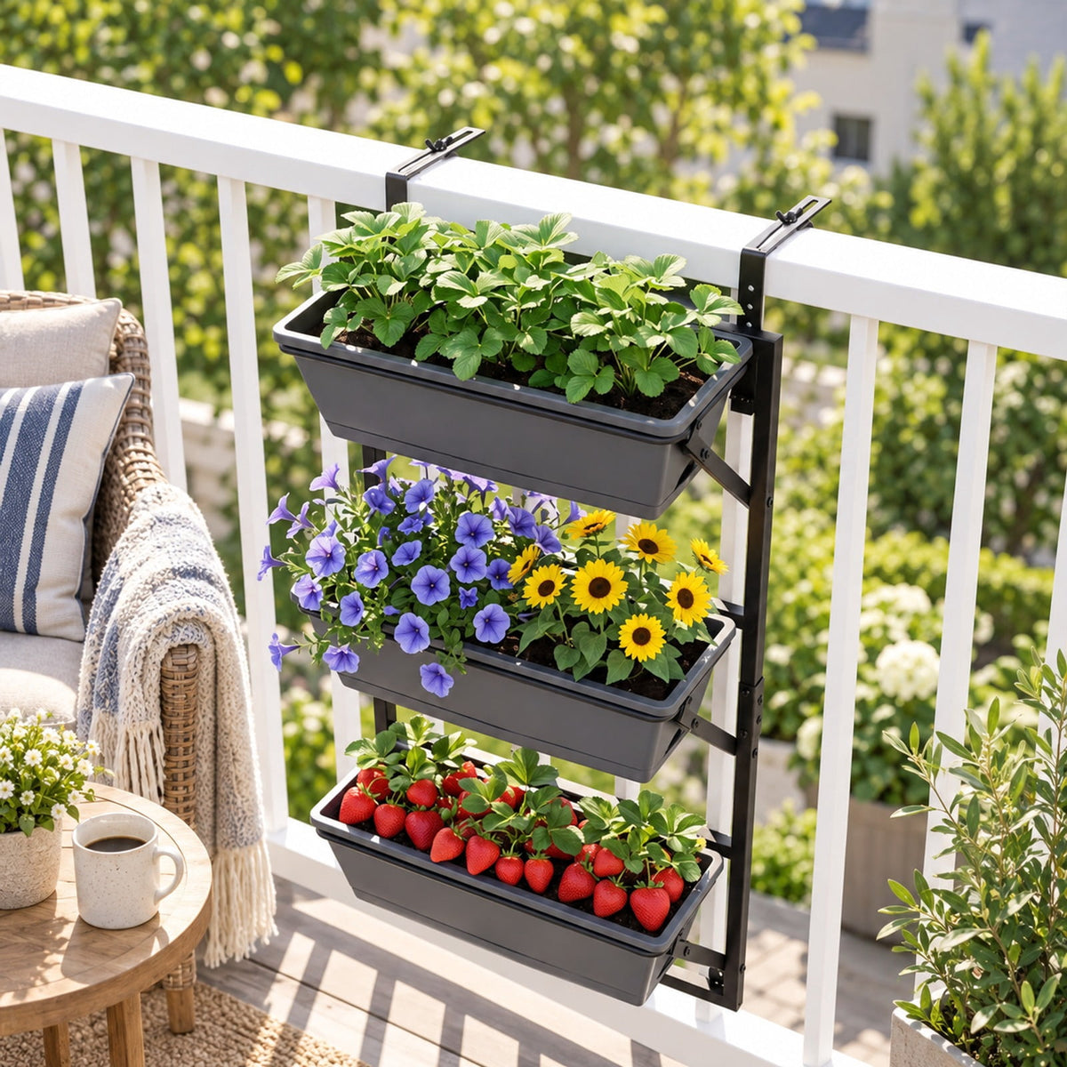 Airfind Deck Railing Planter Boxes with Adjustable Brackets and 3-Tier Design for Porch Patio, Black, Side holes make it easy to add and drain water