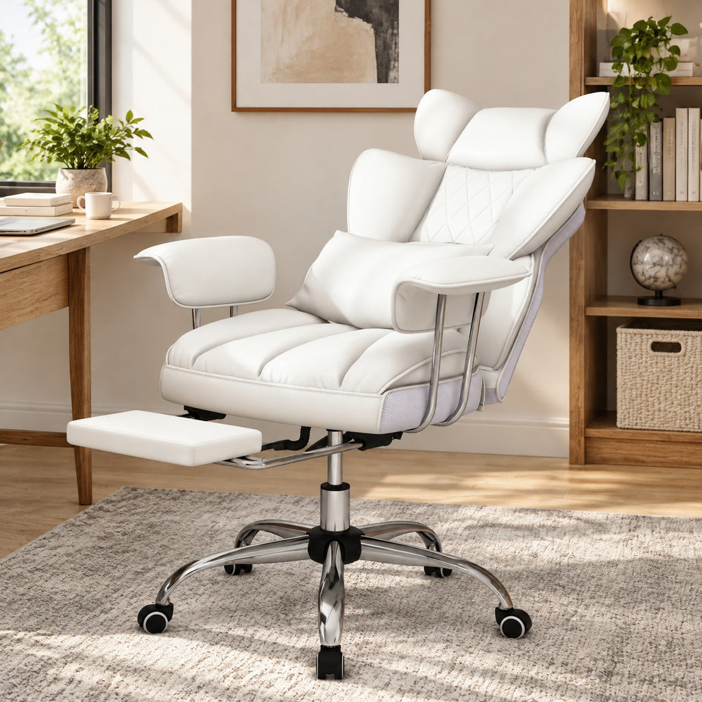 Airfind PU Leather Home Office Chair 400 lbs High Back Executive Chair, 400 lbs Capacity, PU Leather Sponge Pocket Spring Plywood Metal Frame, White