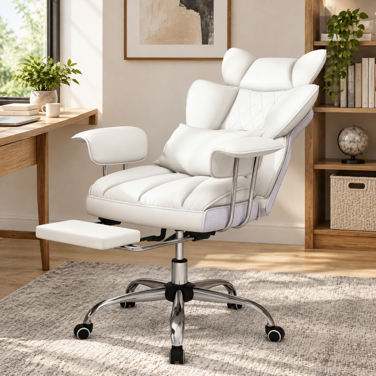Airfind PU Leather Home Office Chair 400 lbs High Back Executive Chair, 400 lbs Capacity, PU Leather Sponge Pocket Spring Plywood Metal Frame, White