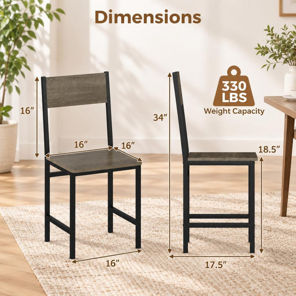 Airfind Set of 4 Dining Chairs with Metal Legs and Slanted Back, 300 lbs Capacity, Metal Engineered Wood Frame, 17.5 x 16 x 34 Footprint, Gray