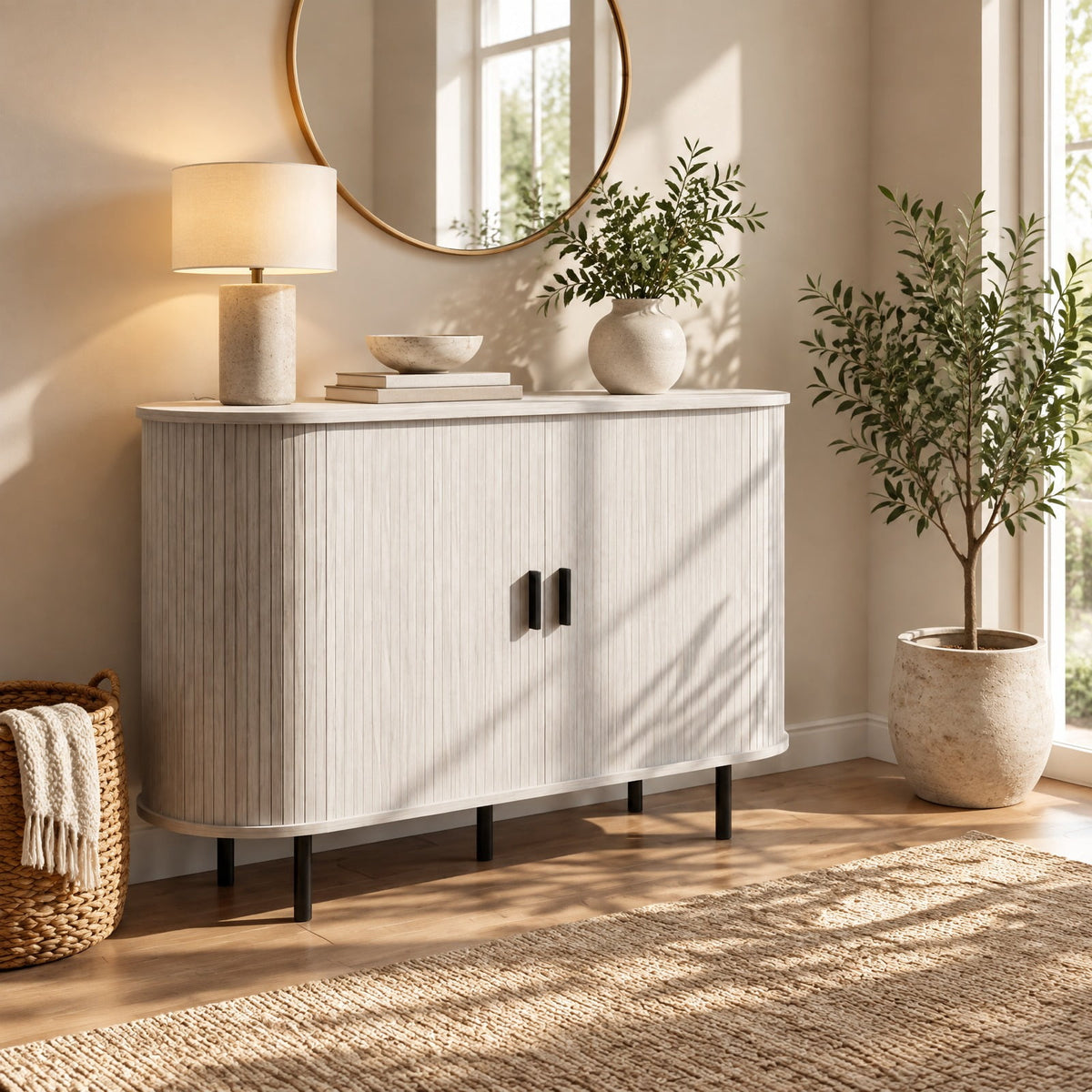 Airfind 47 Inch Fluted Sideboard Buffet Cabinet with Tambour Sliding Doors and Metal Legs, Engineered Wood MDF Metal Plastic Frame, Grey