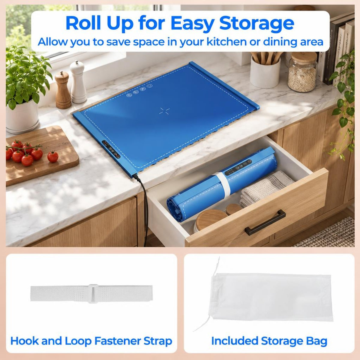 Airfind Food Warming Mat Rollable and Portable Electric Warming Tray with Fasting Heating, Silicone ABS Unfolding Frame, Blue