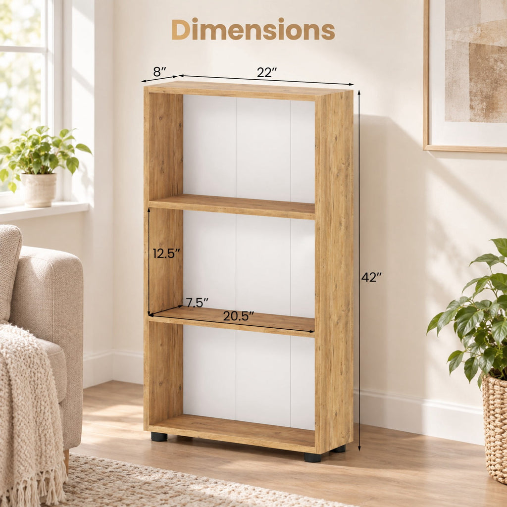 Airfind 3-Tier Bookcase 42 inch Tall Book Shelf with Anti-Tipping Kit, 22 lbs Capacity, Engineered Wood MDF Frame, 22 x 8 x 42 Footprint, Brown