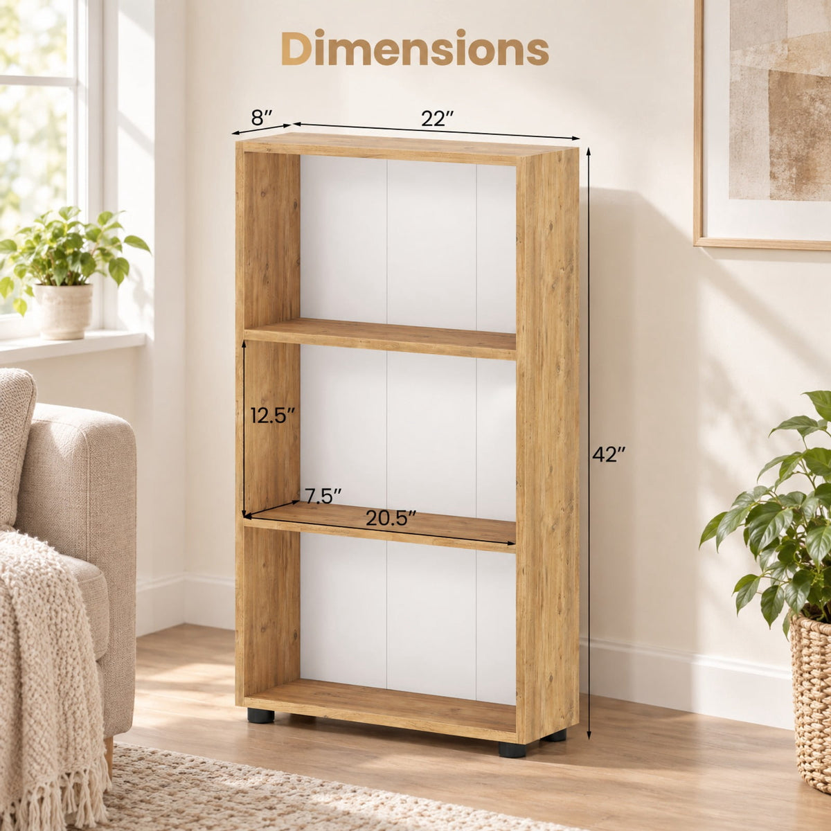 Airfind 3-Tier Bookcase 42 inch Tall Book Shelf with Anti-Tipping Kit, 22 lbs Capacity, Engineered Wood MDF Frame, 22 x 8 x 42 Footprint, Brown