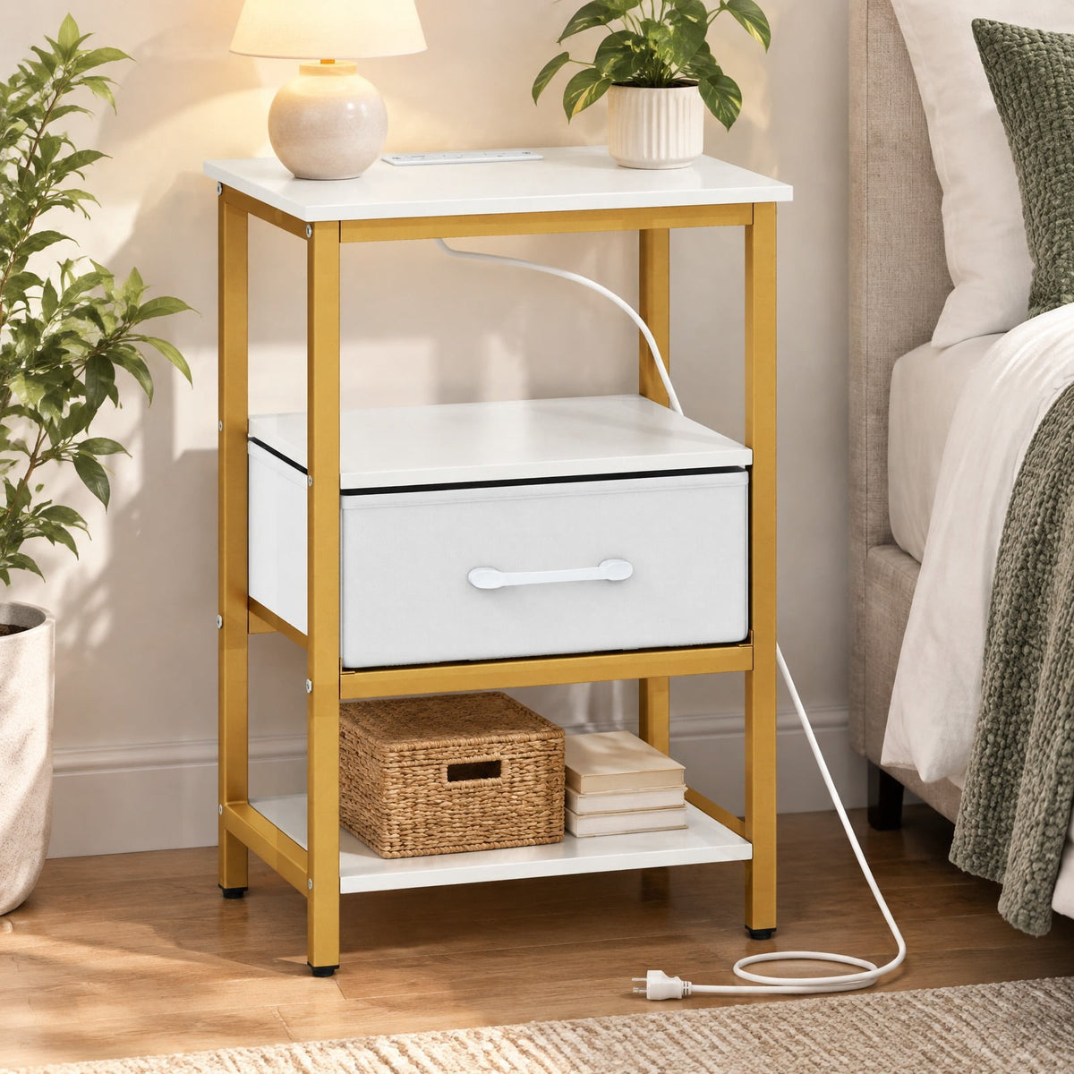 Airfind Nightstand with Charging Station and Adjustable Fabric Drawer for Bedroom and Living Room-Set of 2, 44 lbs Capacity, White and Gold