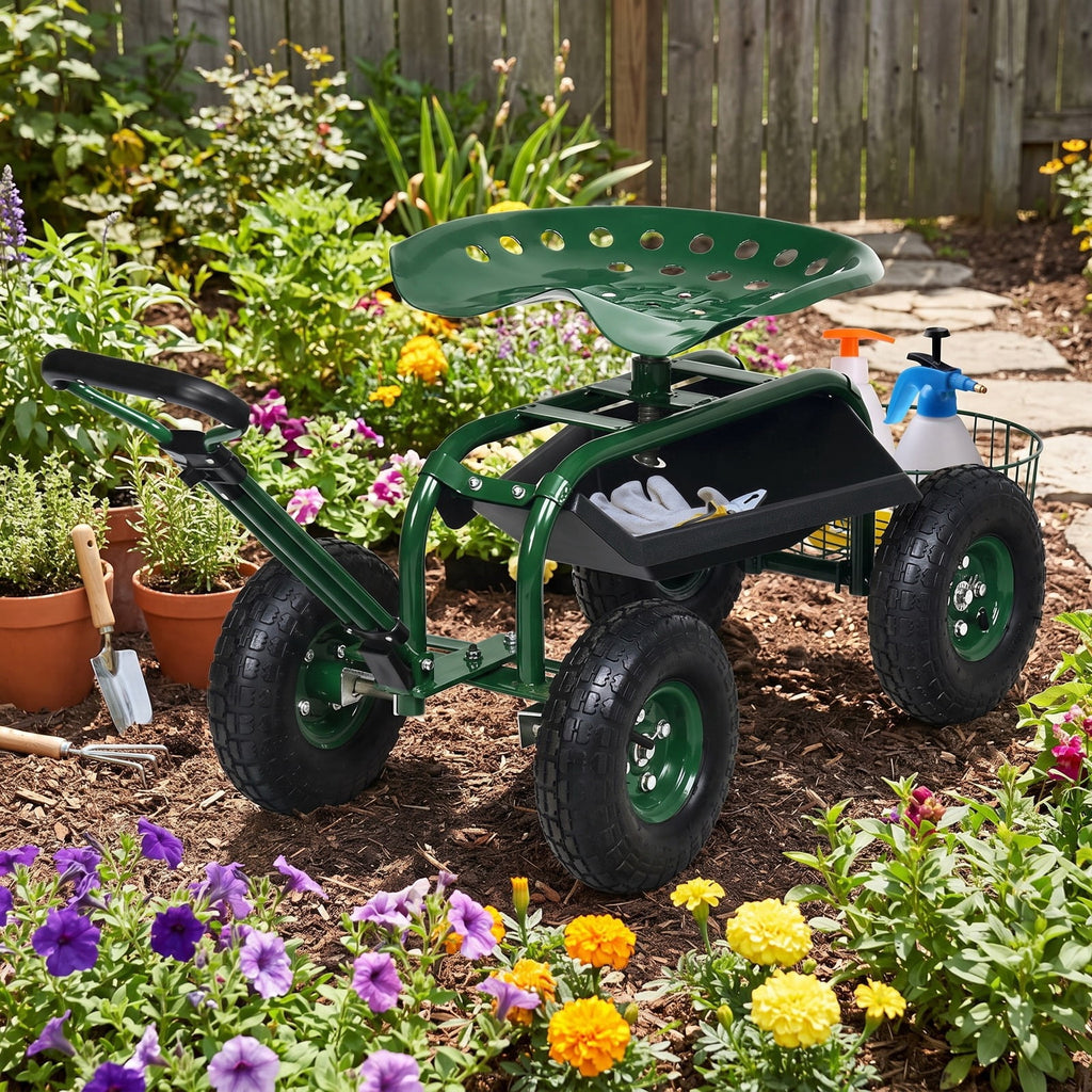 Airfind Heavy Duty Garden Cart with Tool Tray and 360 Swivel Seat, 330 lbs Capacity, Steel Rubber Plastic Frame, 38 x 17 x Footprint, Green