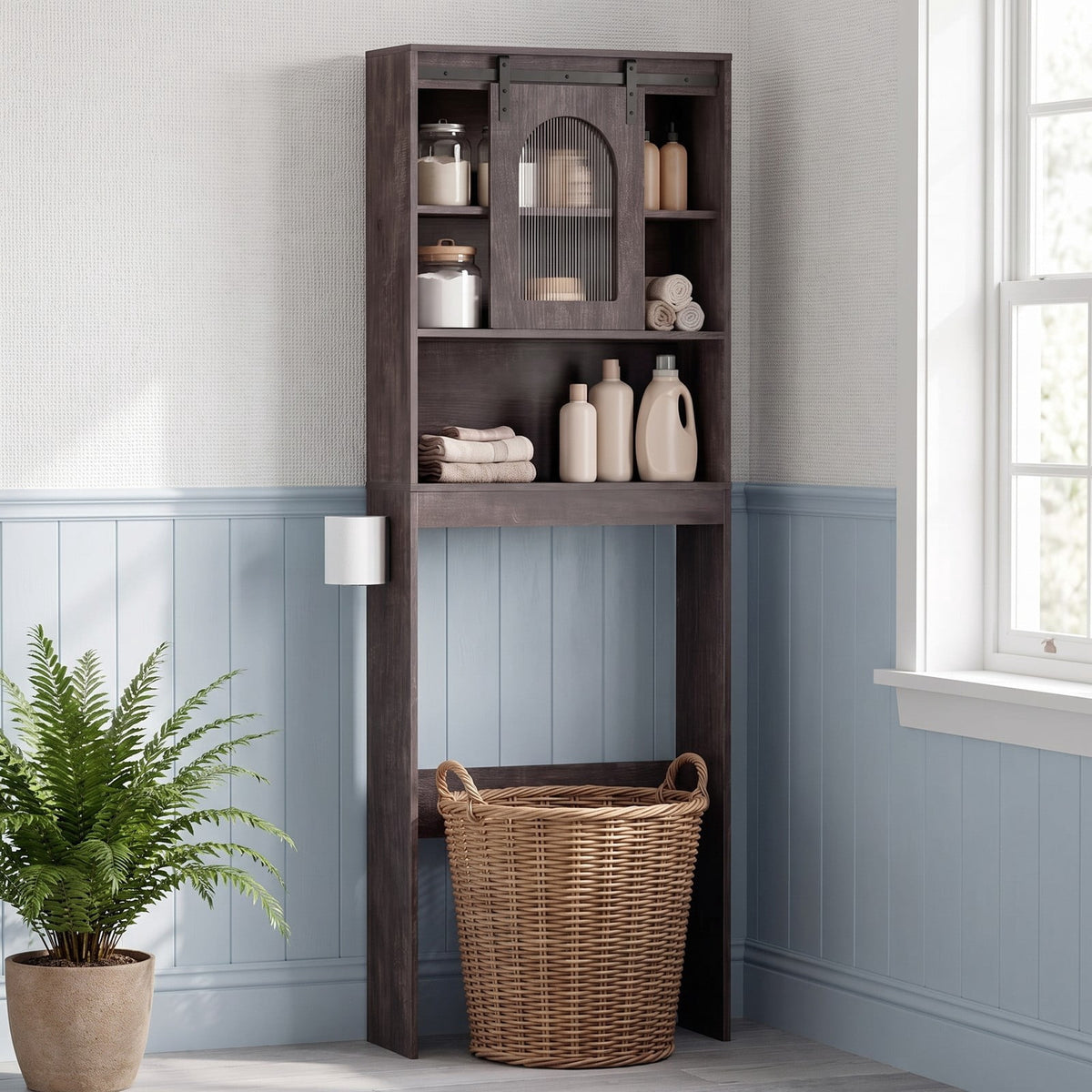 Airfind Over Toilet Storage Cabinet with Sliding Barn Door and Open Shelves for Bathroom, 44 lbs Capacity, Engineered Wood Frame, Black Oak