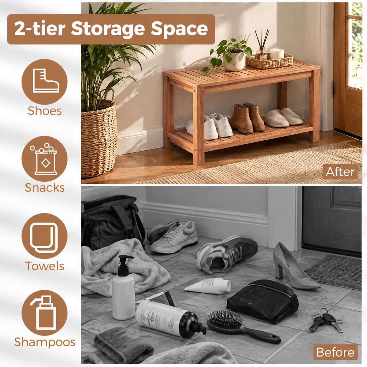 Airfind 30 Inch Teak Wood Shower Bench Inside Shower Stool with Storage Shelf, Teak Wood 19 Inches Frame, 19 x 12.5 x 17.5 Footprint, Wood