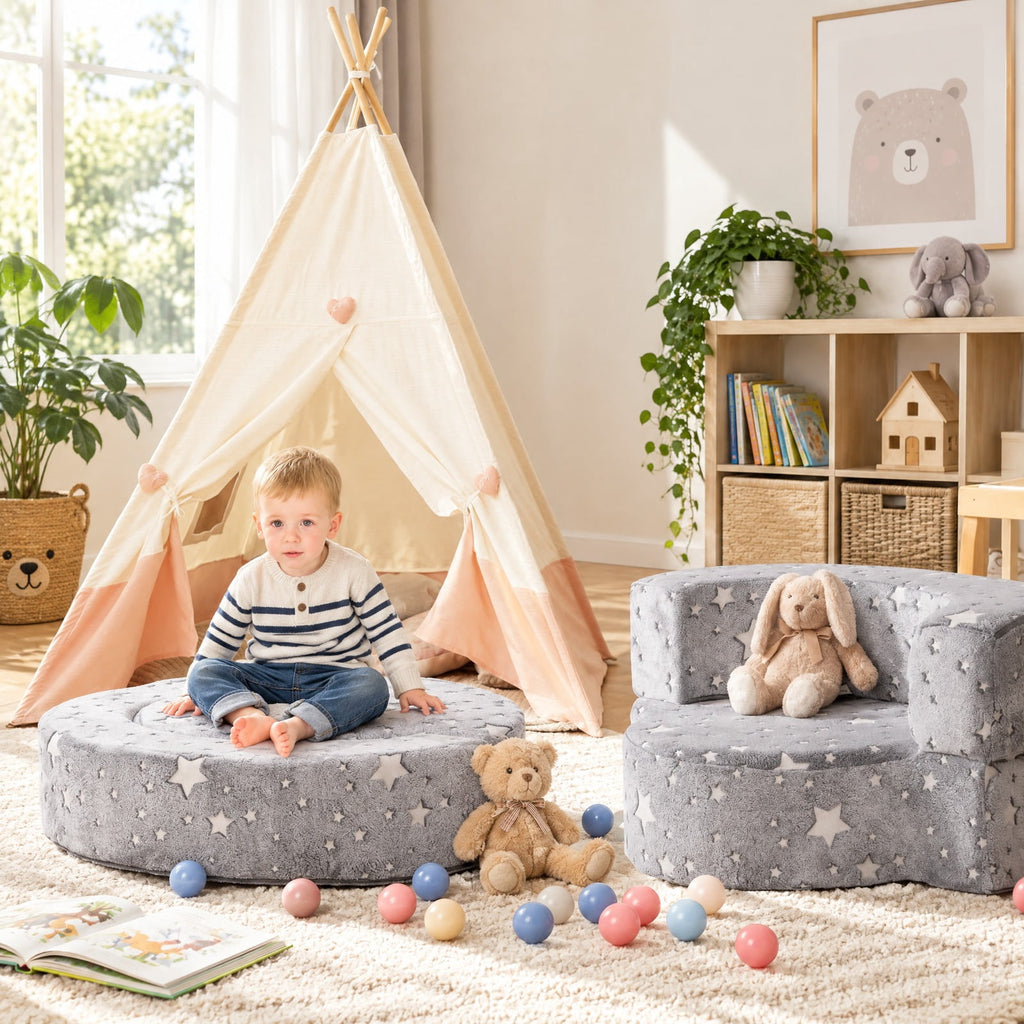 Airfind 2-in-1 Toddler Chair Glow in the Dark Kids Couch with Cover Convertible Sofa, Flannel Fabric Foam Frame, for 3+ Years Old, Gray