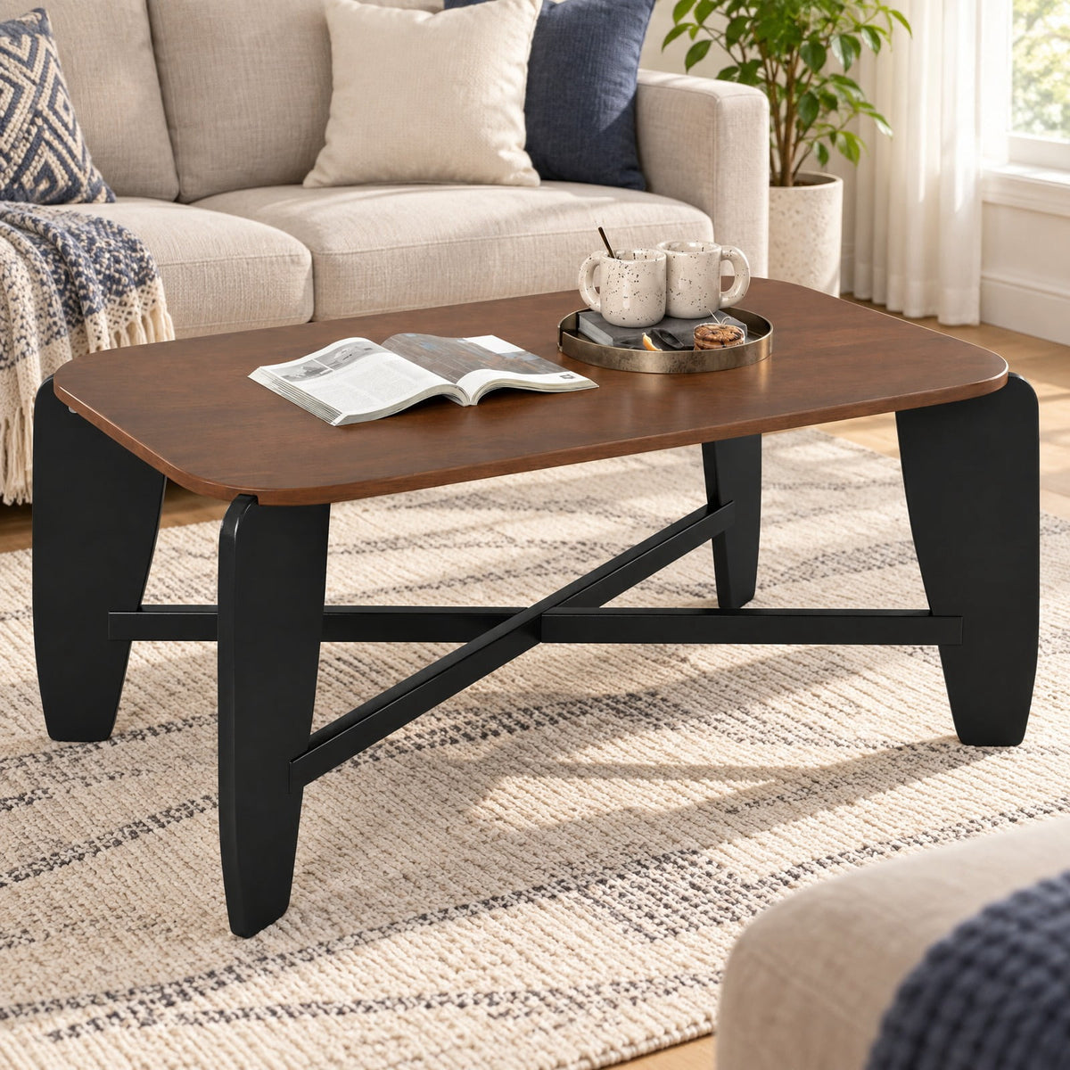 Airfind Modern Coffee Table with Rubber Wood Cross-Leg Base Rectangular Center Table, Walnut, Dimensions 35.5 x 22 x 15Ground Clear