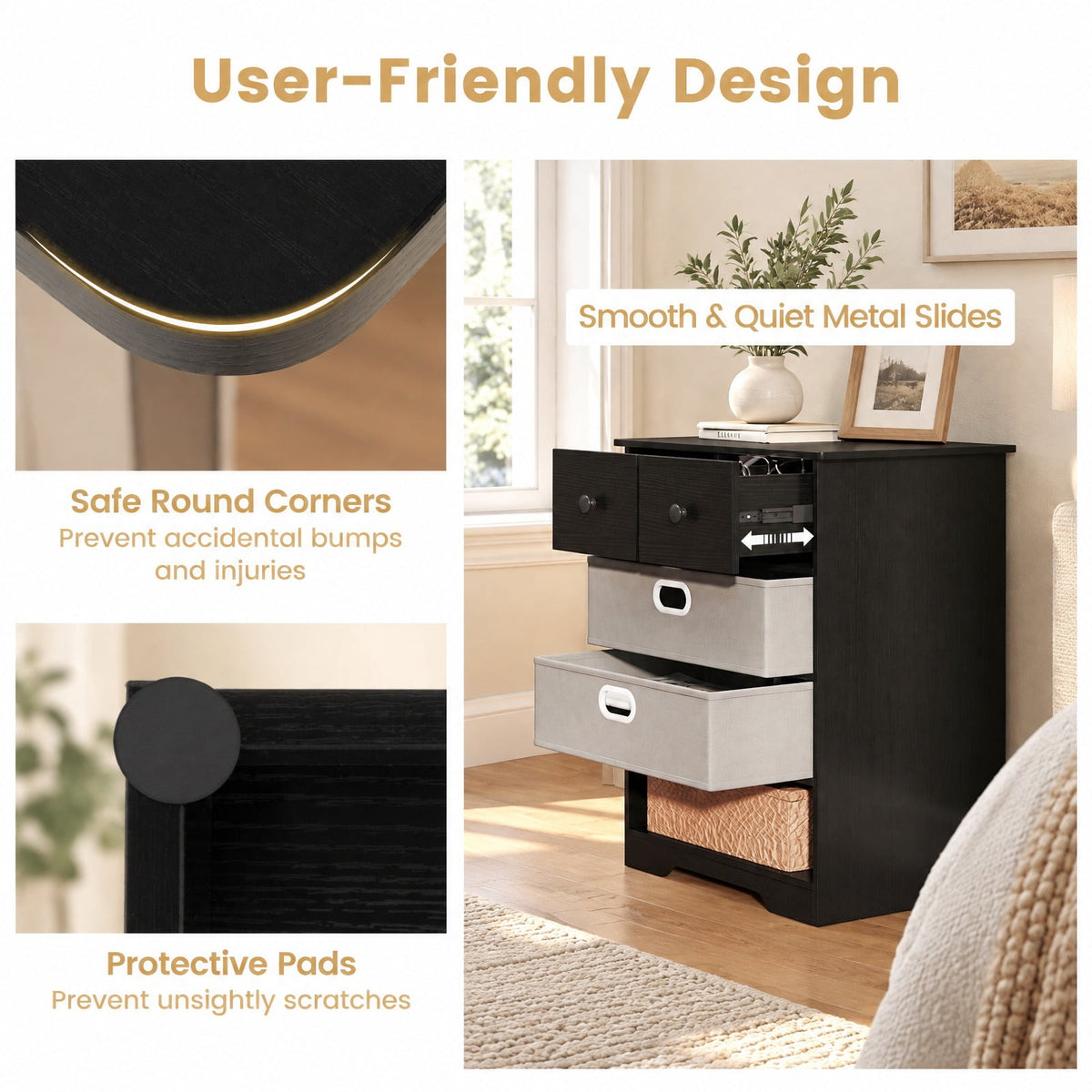 Airfind 4-Drawer Dresser Modern Chest Storage Organizer with Open Shelves, 100 lbs Capacity, Engineered Wood MDF Fabric Frame, Black