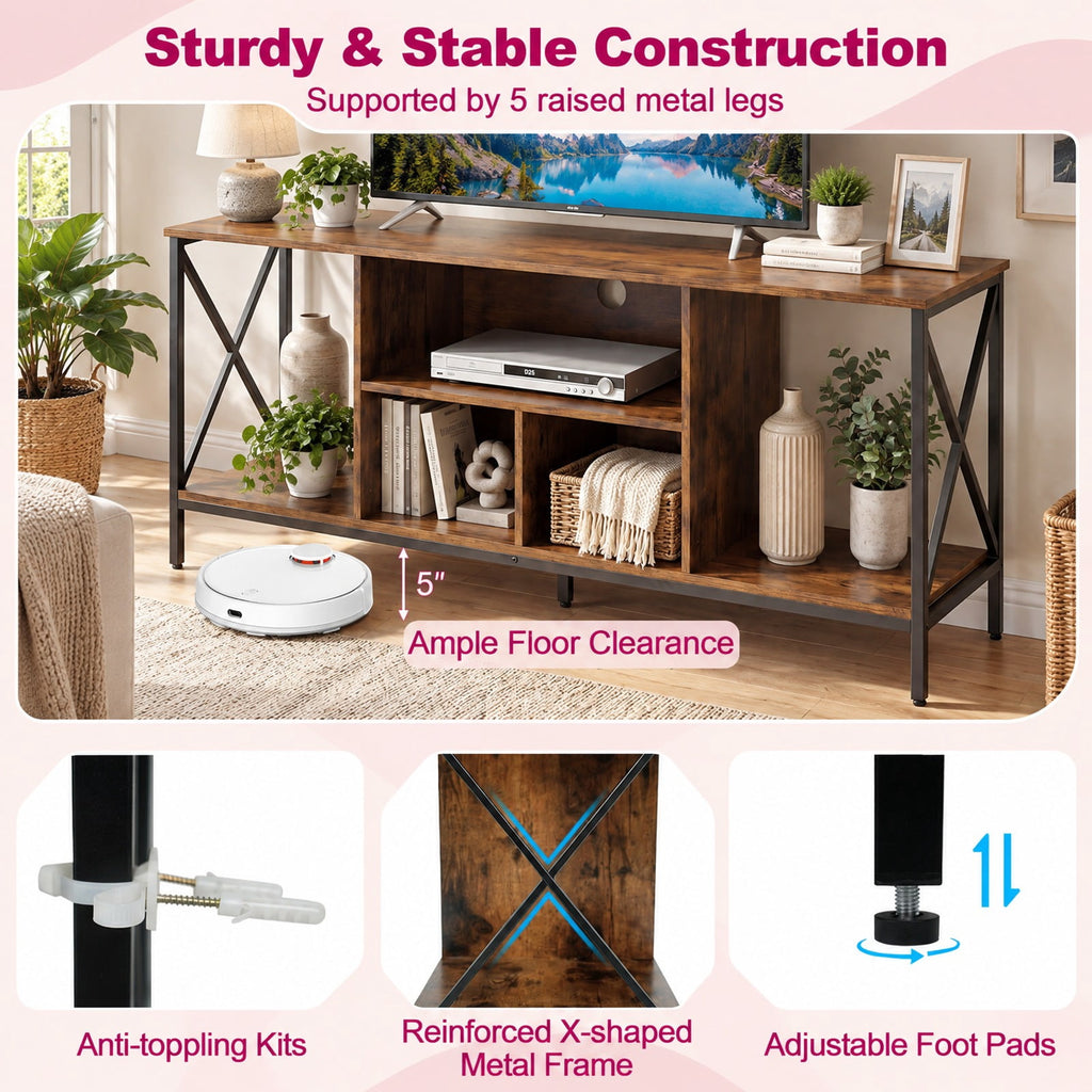 Airfind TV Stand with LED Lights for 65 Inch TV Entertainment Center with Power Outlets, 132 lbs Capacity, Metal Engineered Wood MDF Frame, Brown