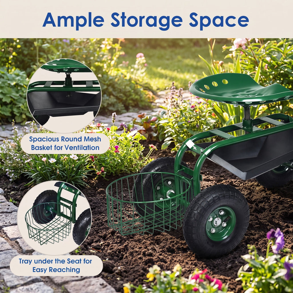 Airfind Heavy Duty Garden Cart with Tool Tray and 360 Swivel Seat, 330 lbs Capacity, Steel Rubber Plastic Frame, 38 x 17 x Footprint, Green