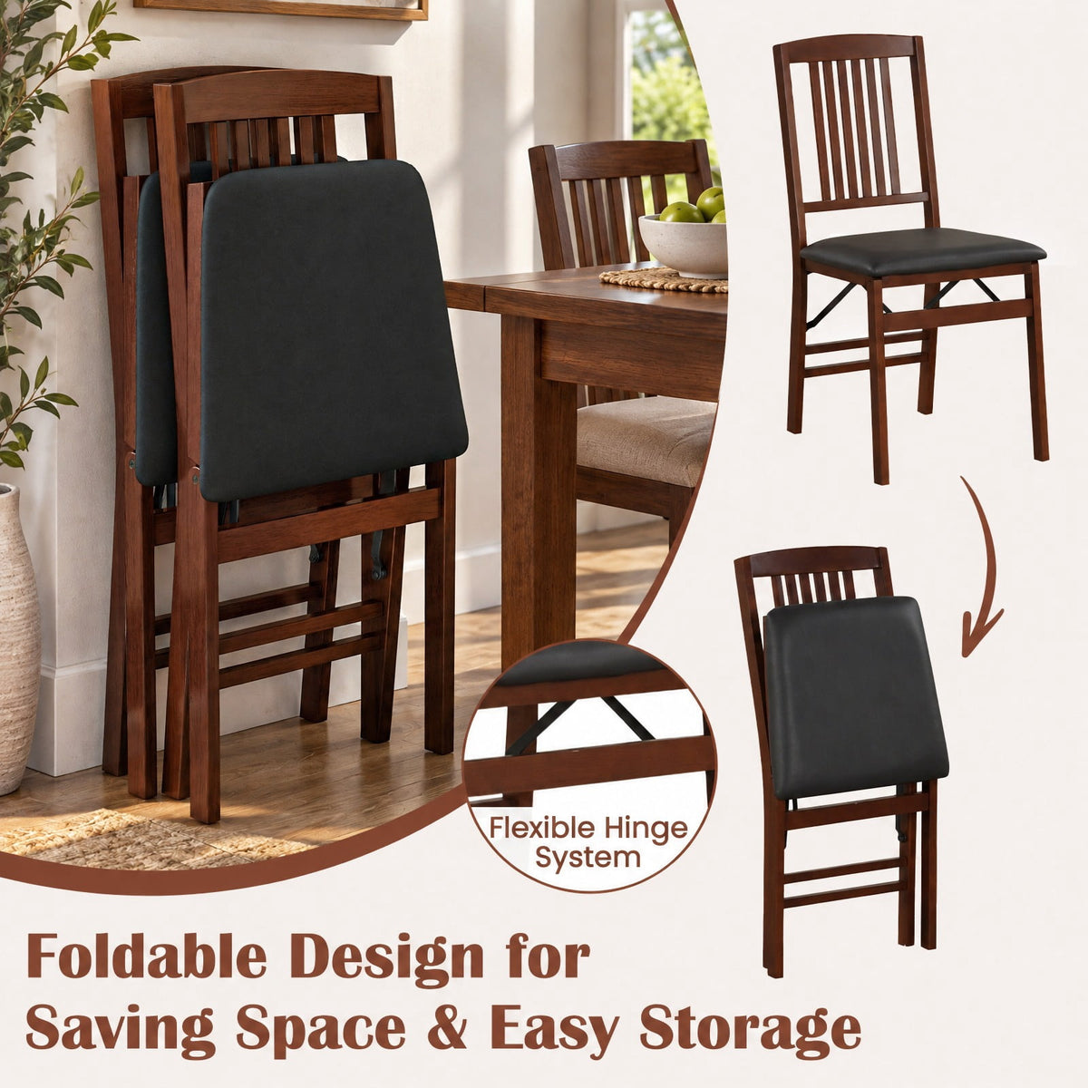 Airfind Set of 2 Foldable Upholstered Kitchen Chairs with Padded Seat, 420 lbs Capacity, Rubbed Wood Plywood PVC Sponge Frame, Brown