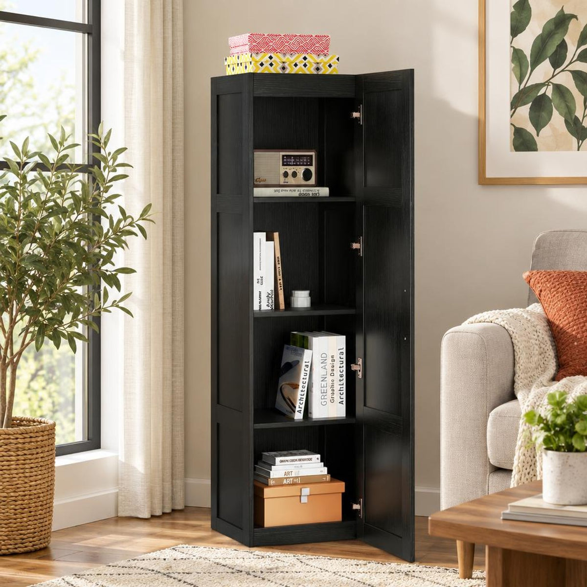 Airfind Tall Storage Cabinet with 4 Storage Shelves for Bathroom Living Room, 110 lbs Capacity, Engineered Wood MDF Frame, 16in x 15in x 59in Footprint