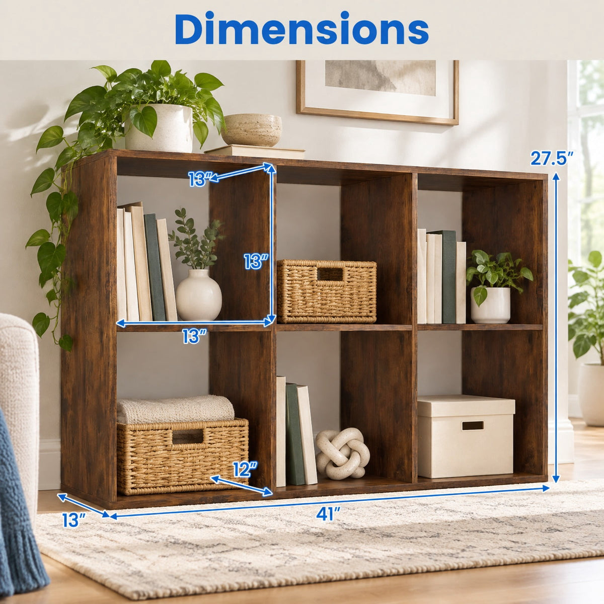 Airfind 6 Cube Bookshelf with Back Guardrail for Living Room Bedroom, 154 lbs Capacity, Engineered Wood Frame, 41 Inch x 13 Inch x 27.5 Inch Footprint, Brown