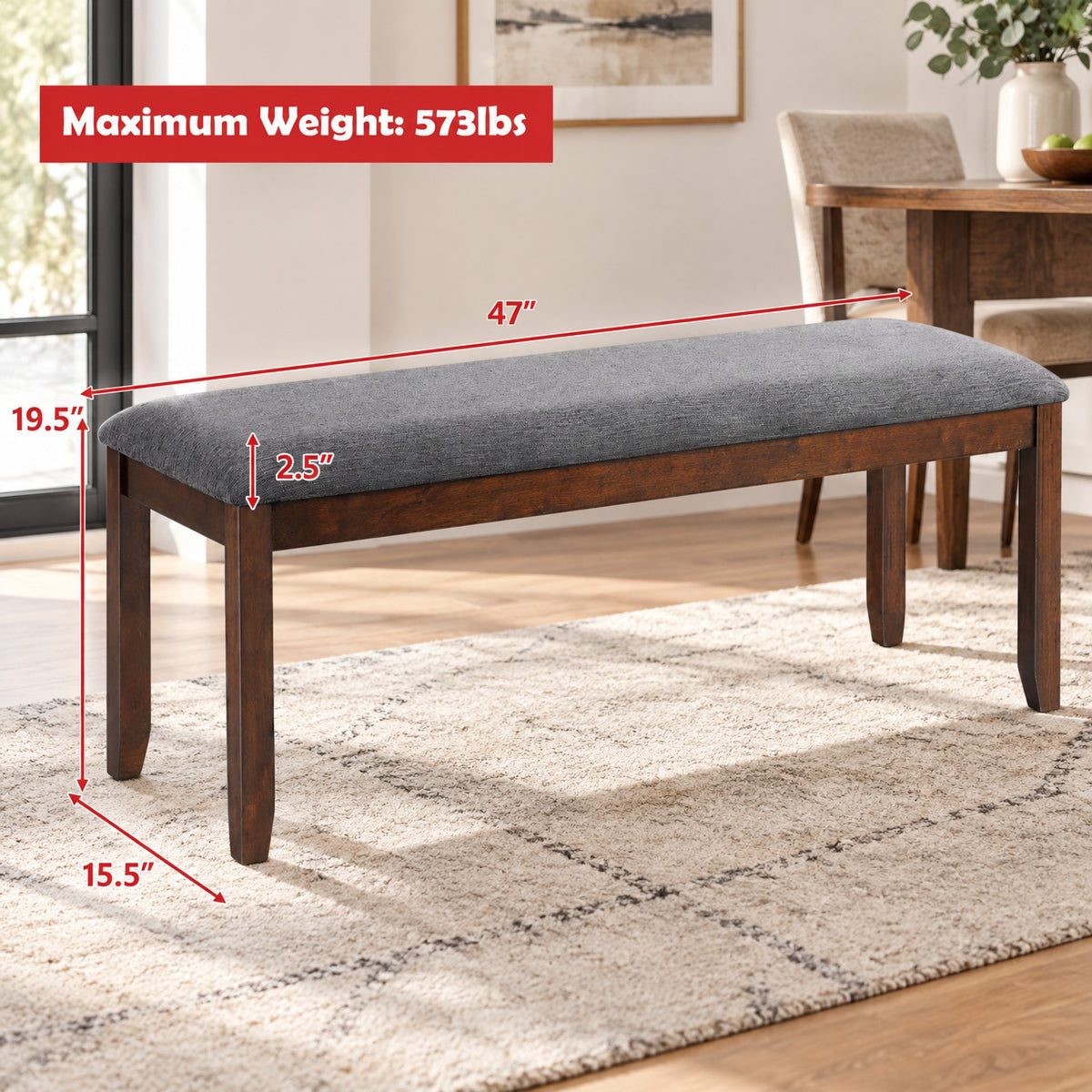 Airfind Upholstered Entryway Bench Footstool with Wood Legs, Rubber wood linen fabric foam Frame, 47inx 15.5inx 19.5in Footprint, Wood