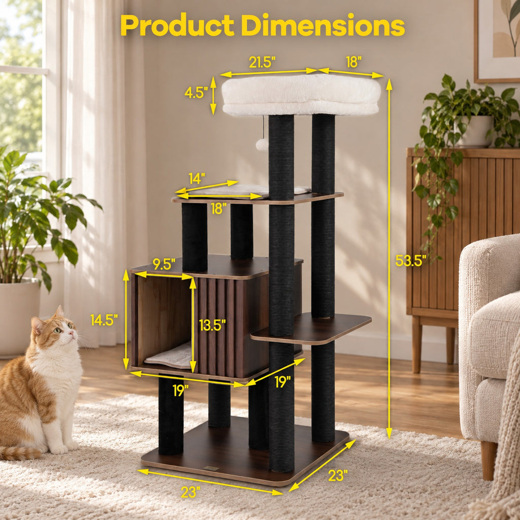 Airfind 53.5 inch Tall Cat Tree for Indoor Cat Wooden Cat Tower Top Perch with Soft Padding, 23in x 23in Cat Condo Footprint, Brown