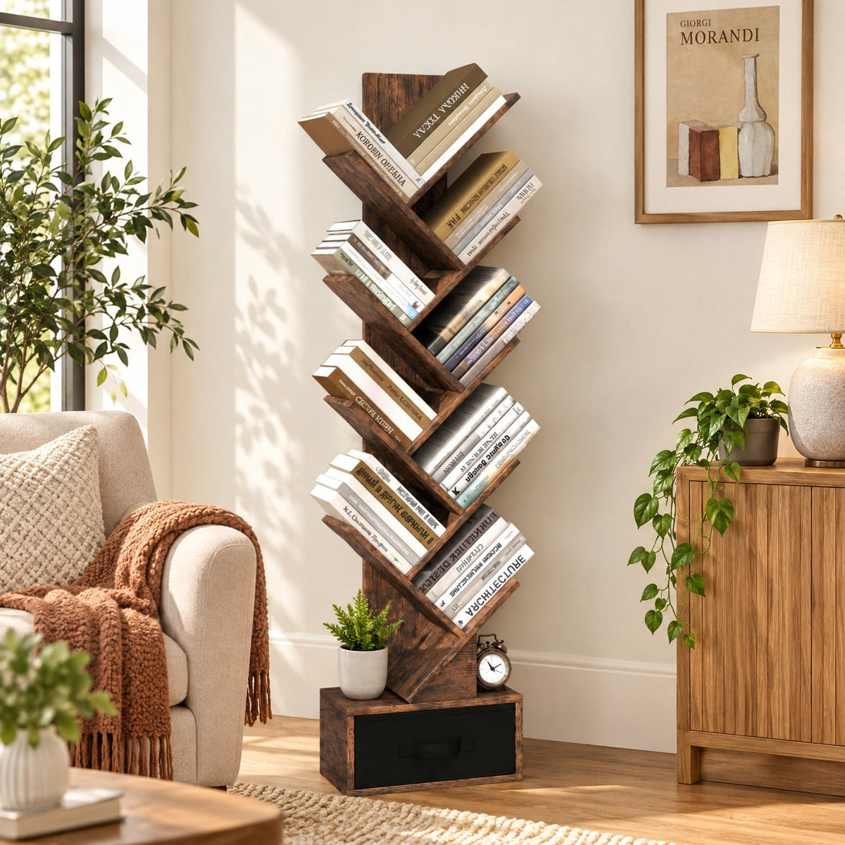 Airfind 10-tier Tree Bookshelf with Drawer Free, 26.5 lbs Capacity, 13 x 7 x 5.5 (L x W x H)Overall Footprint, Rustic Brown Black