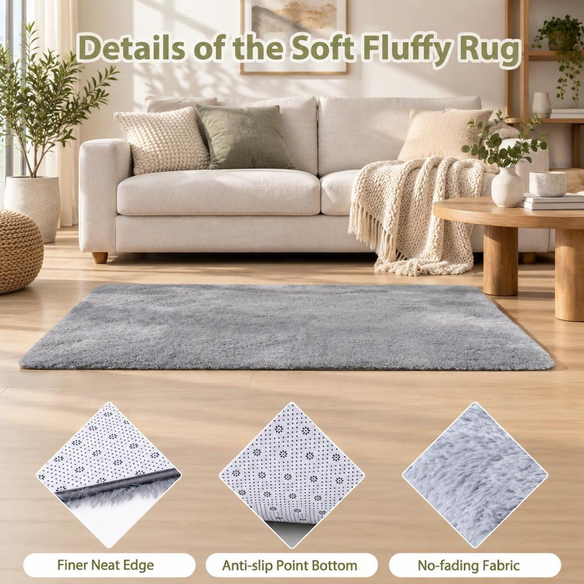 Airfind 4x6 Feet Modern Soft Shag Rug with Non-slip Grip Dots, Polyester Sponge, 4 FT X 6 FT for Convenient Everyday Use, Light Gray
