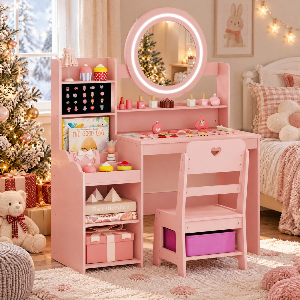 Airfind Kids Vanity Desk with Mirror and Lights Princess Pretend Play Dressing Table and Chair Set, 66 lbs Capacity, MDF Frame, for 3+ years old