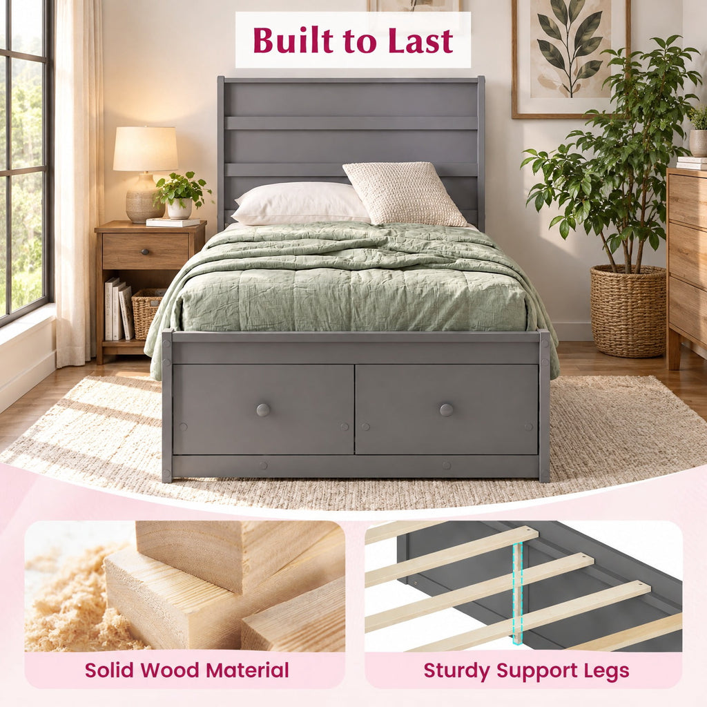 Airfind Twin Size Bed Frame with Storage Drawers and Headboard, 350 lbs Capacity, Solid Wood Plywood Engineered Wood MDF Frame, Gray