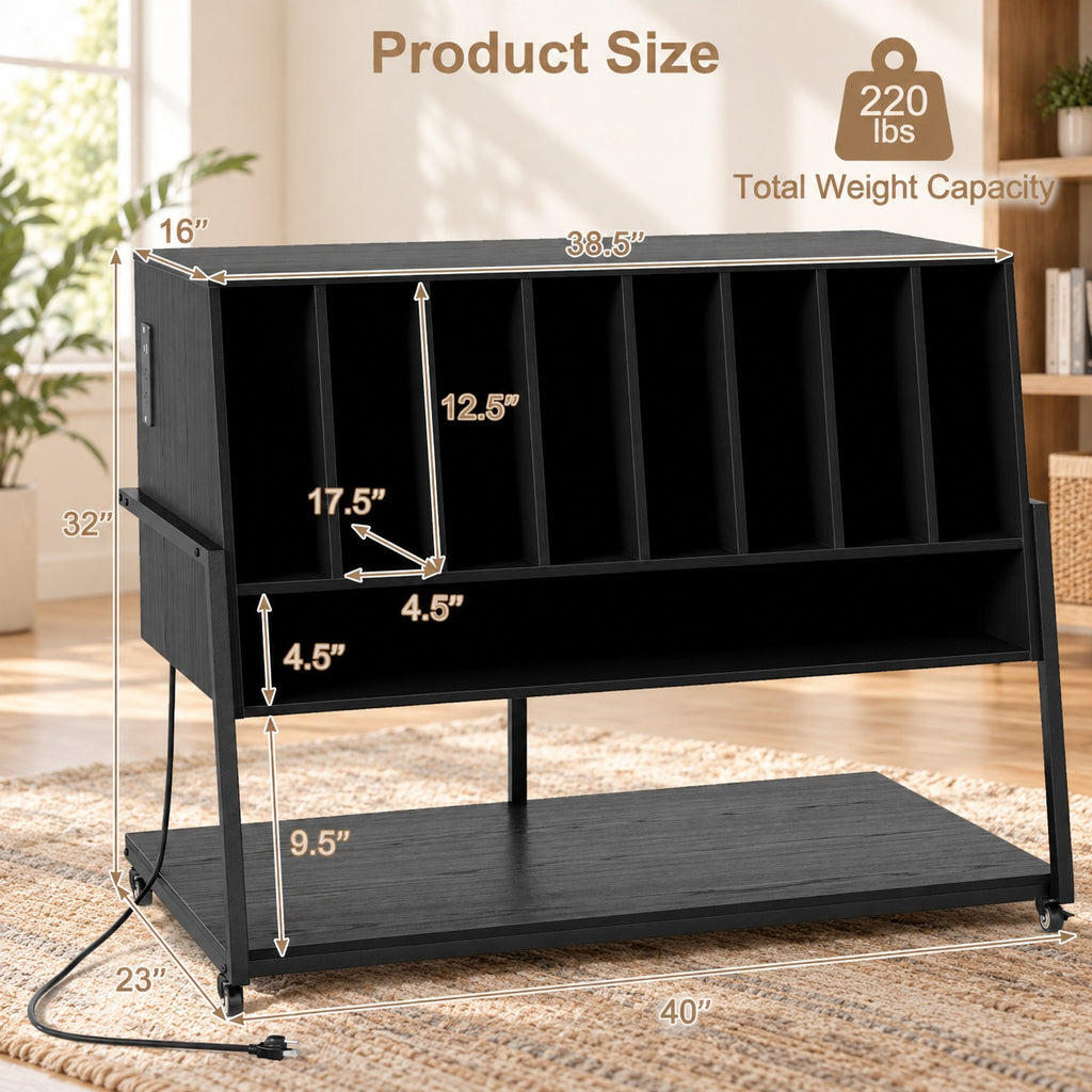 Airfind Turntable Stand with Charging Station and Vinyl Storage Shelves, 44 lbs Capacity, Engineered Wood MDF Metal Frame, Black