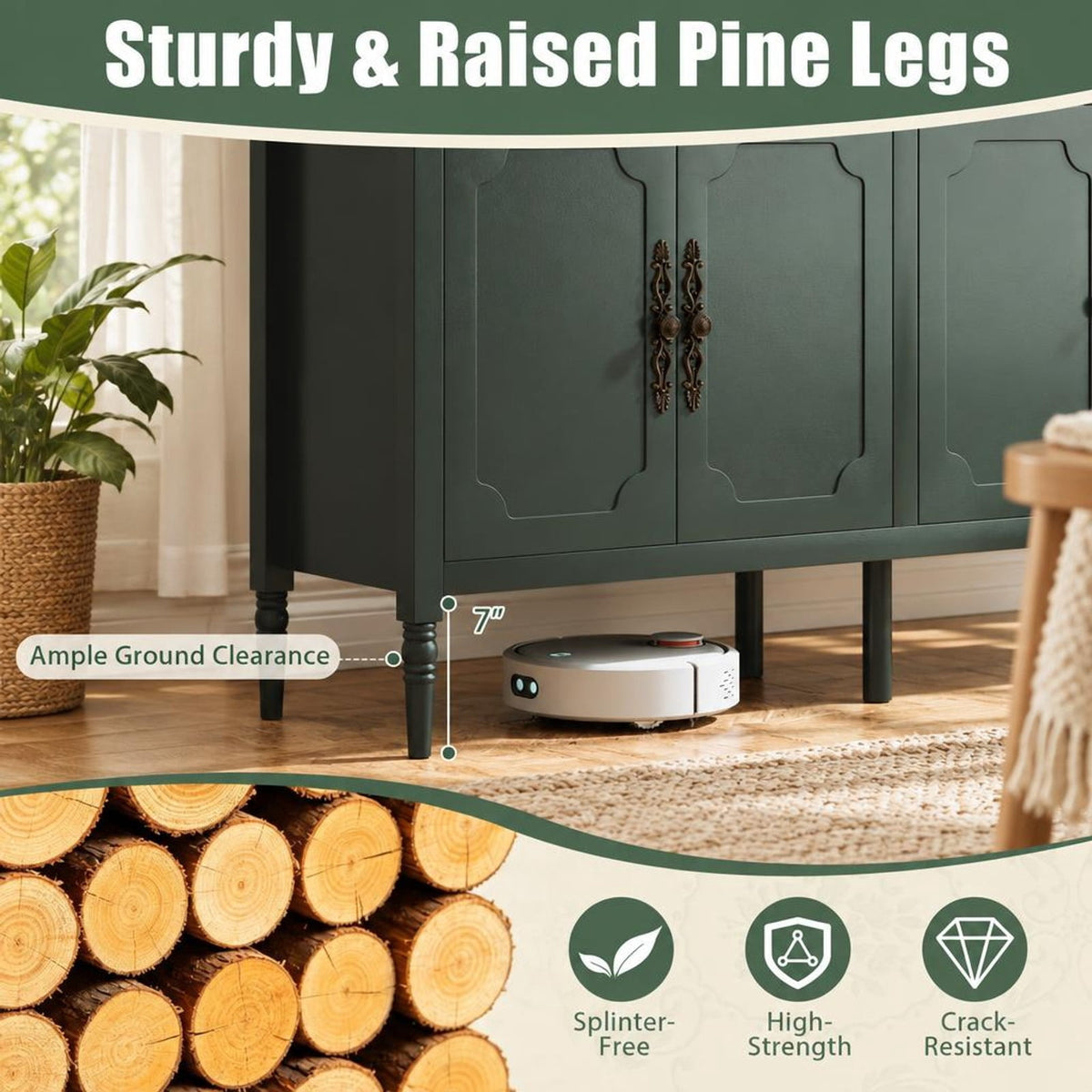 Airfind 58 Vintage Buffet Cabinet with Pine Wood Legs and Adjustable Shelves for Kitchen, 150 lbs Capacity, Engineered Wood Pine Wood Metal Frame