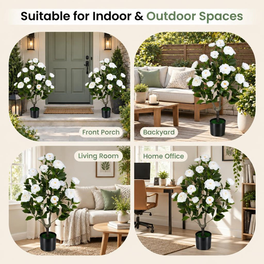 Airfind 2-Pack Artificial Camellia Tree Faux Flower Plant in Cement-Filled Pot, White, offers excellent stability and balance